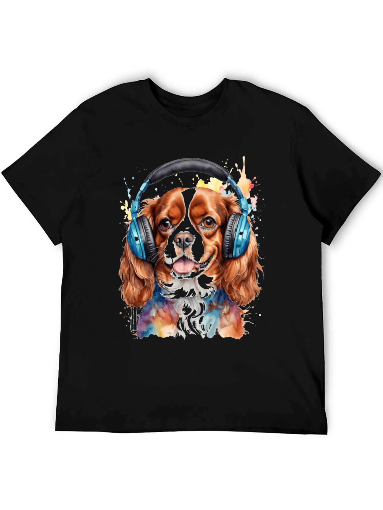 Black Dog with Headphones T-Shirt - Colorful Watercolor Design view 5