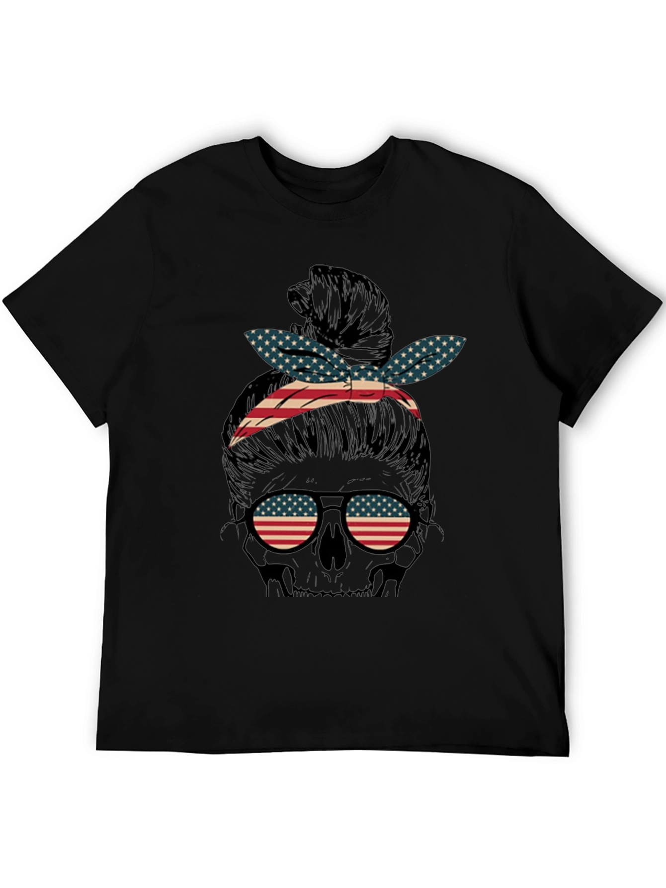 Black American Flag Skull Messy Bun Graphic Tee view 5