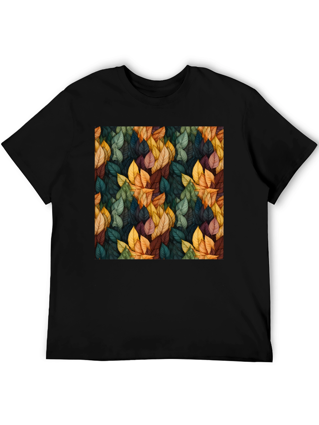 Black Autumn Leaf Pattern Black T-Shirt view 5