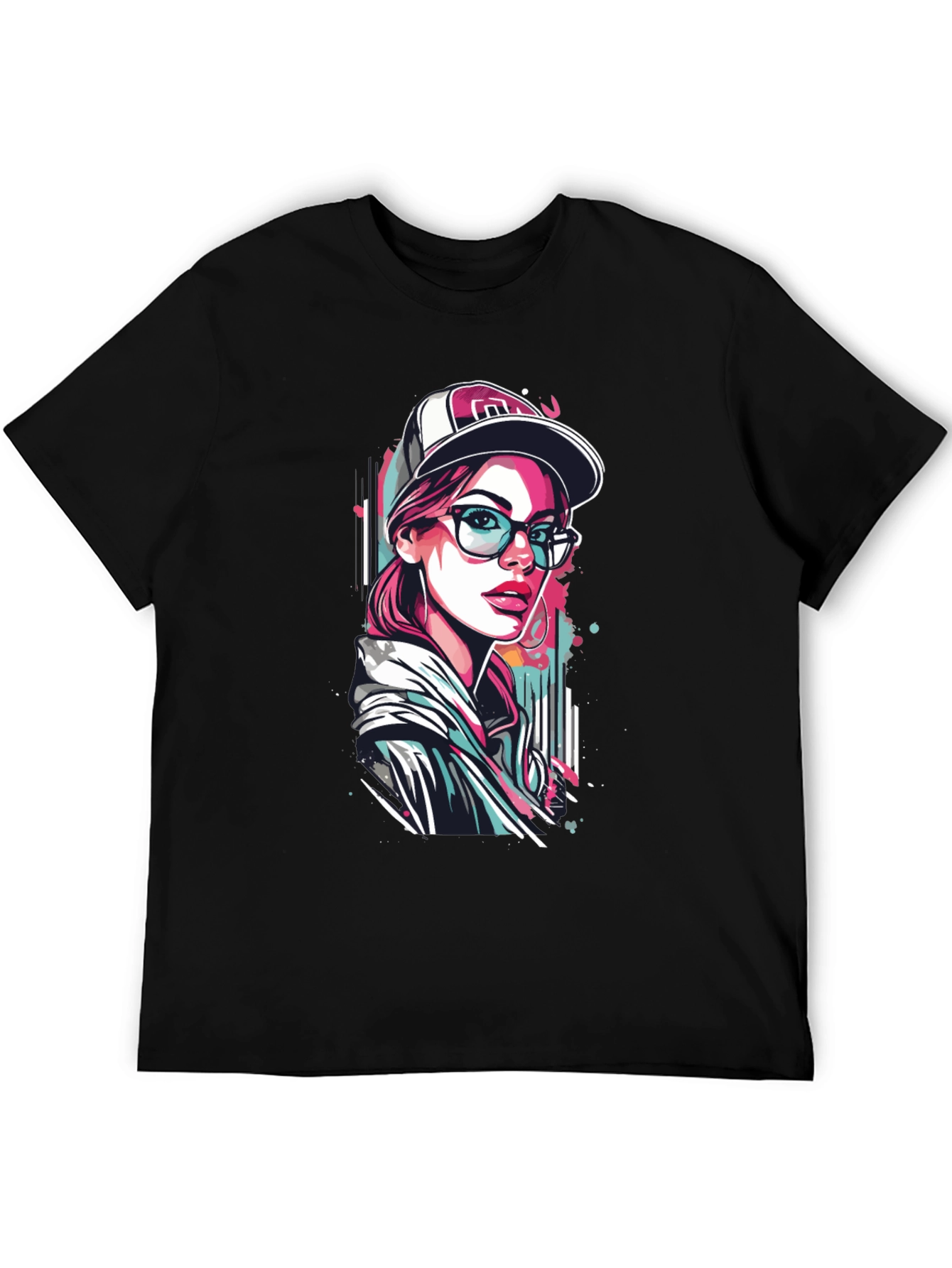 Black Stylish Woman Graphic Print Black T-Shirt view 5