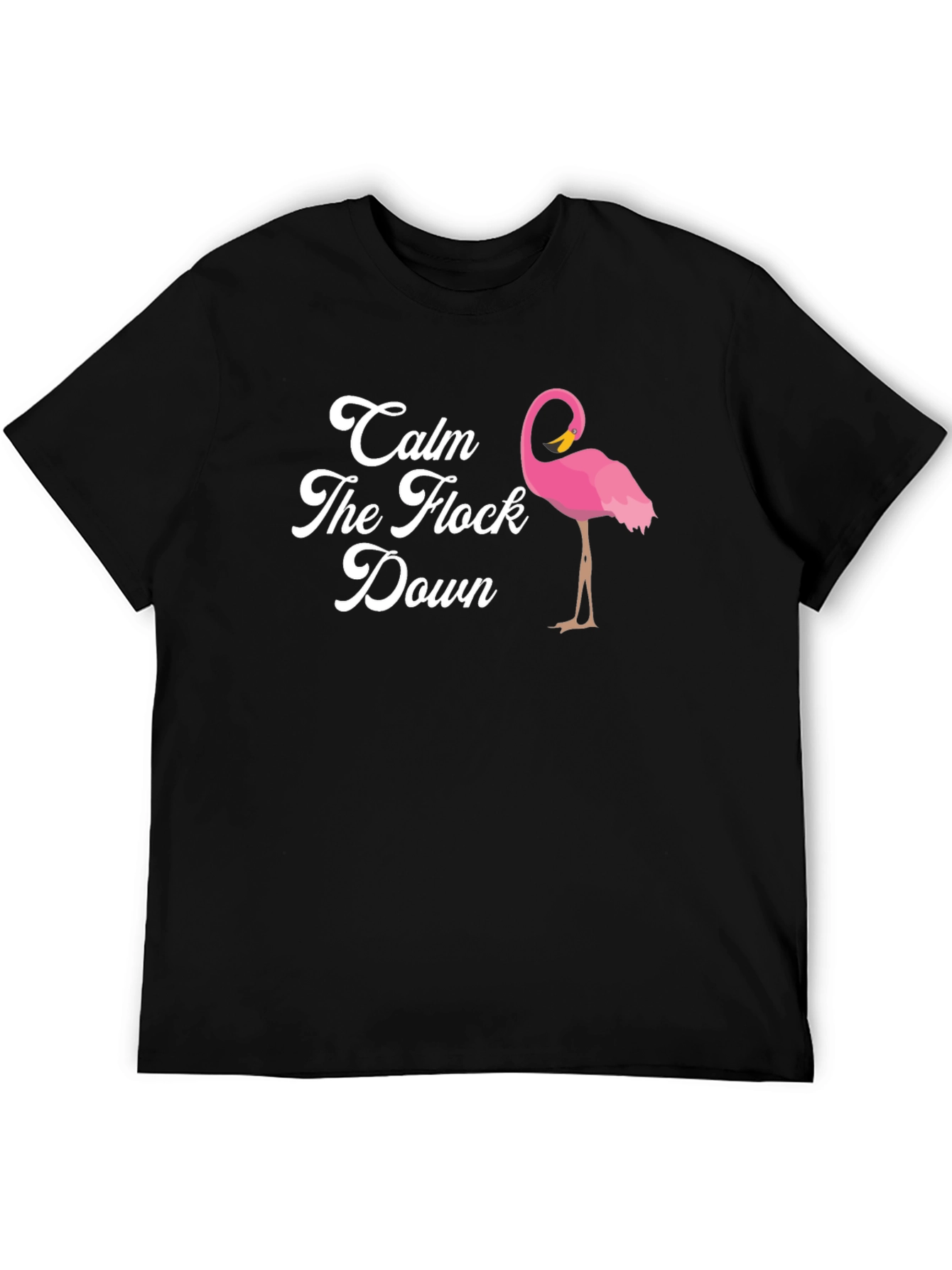 Black Calm The Flock Down T-Shirt, Funny Flamingo Tee view 5