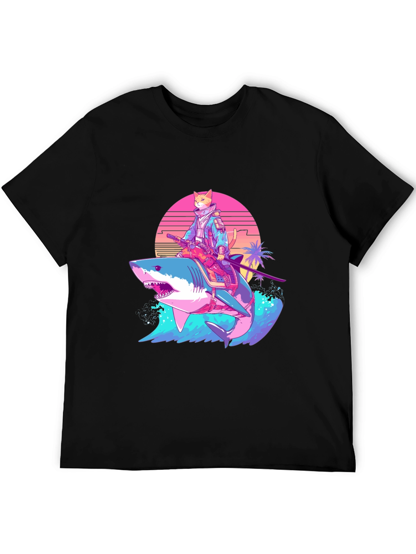 Black Cat Samurai Riding Shark T-Shirt view 5