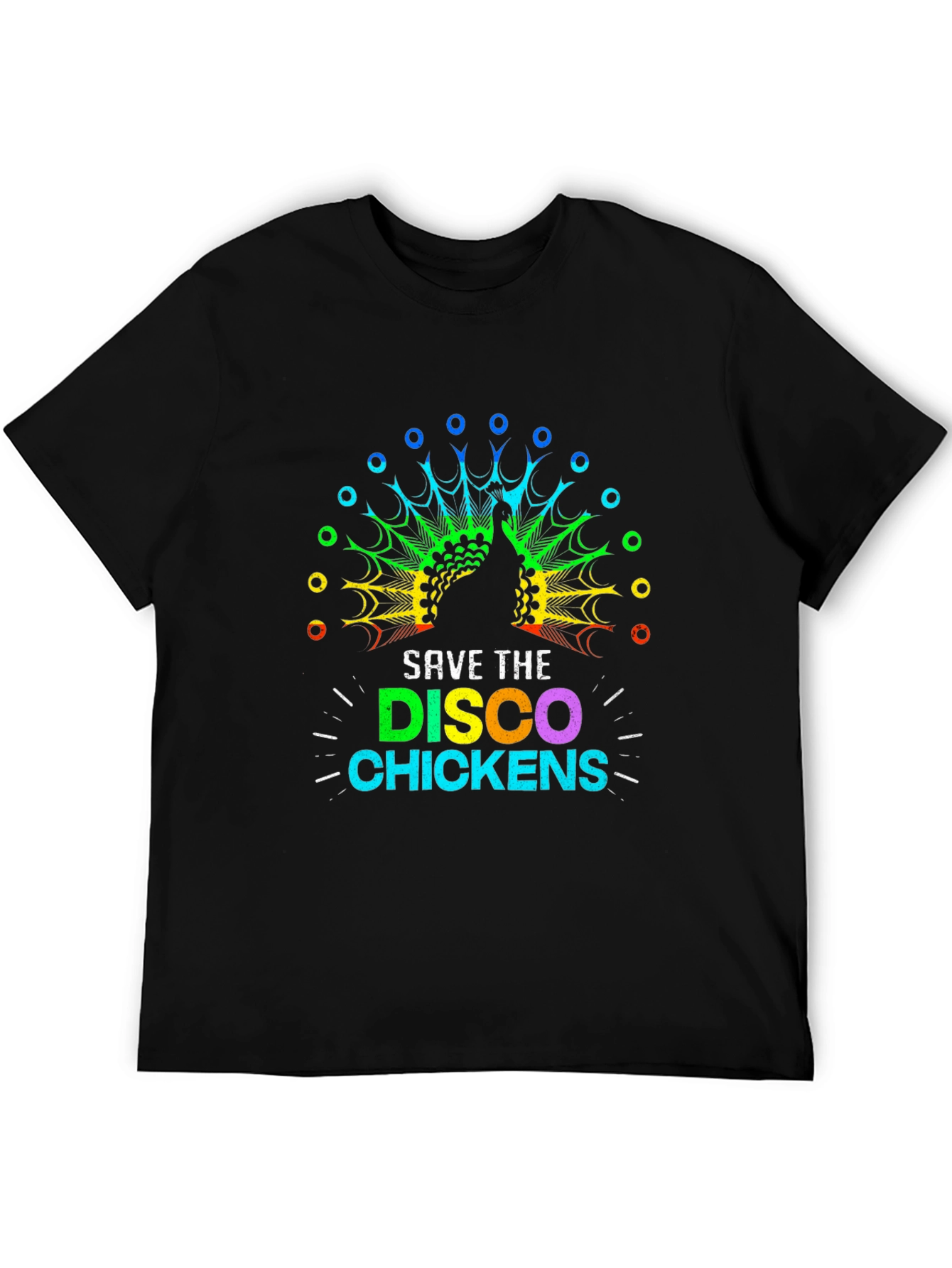 Black Save The Disco Chickens T-Shirt - Rainbow Peacock Design view 5