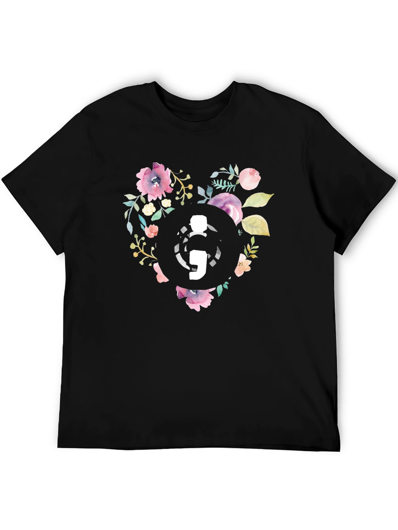 Black Floral Semicolon Heart Graphic Tee - Black view 5