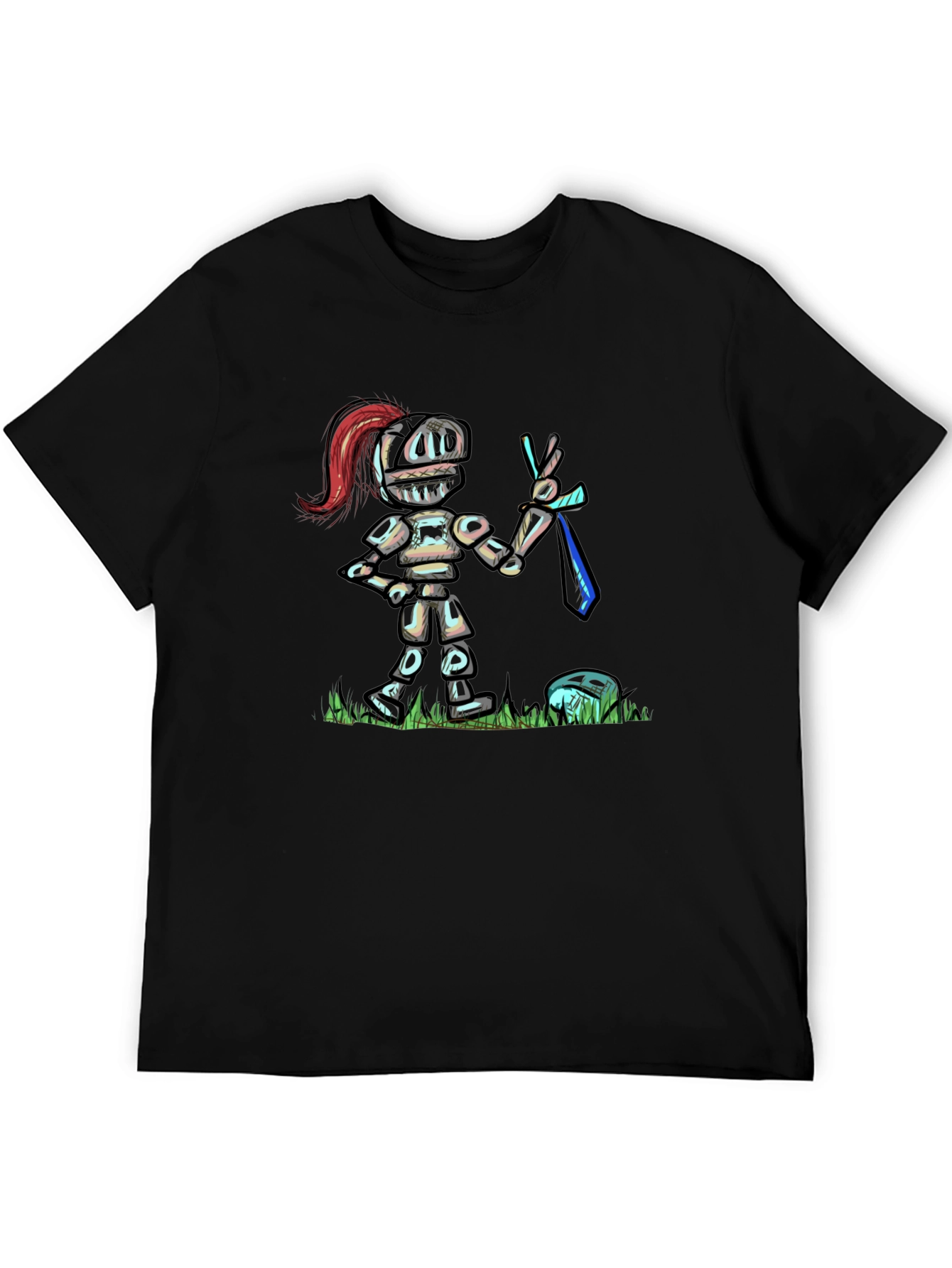 Black Cartoon Knight T-Shirt - Black Cotton Tee view 5