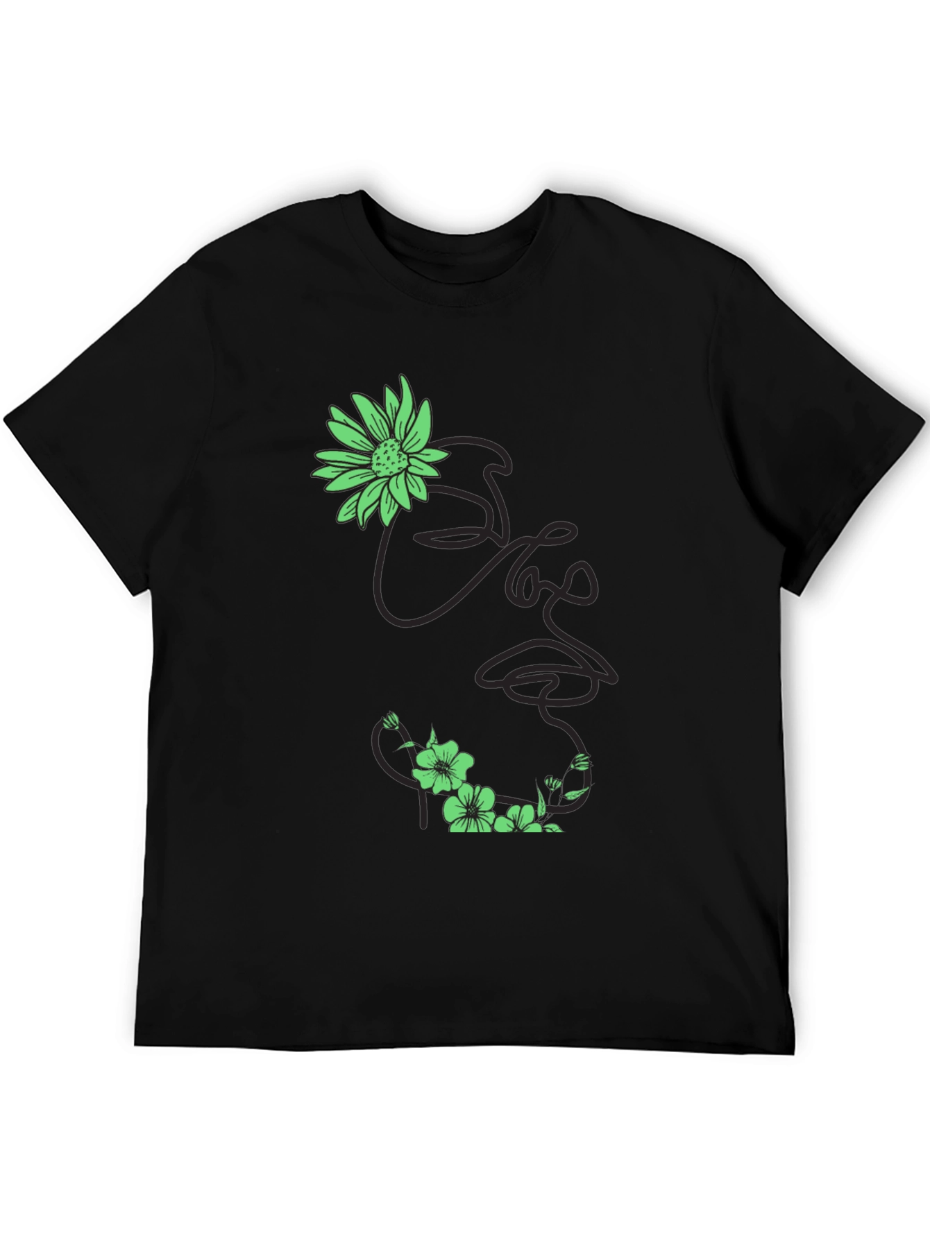 Black Floral Face Line Art Black T-Shirt view 5