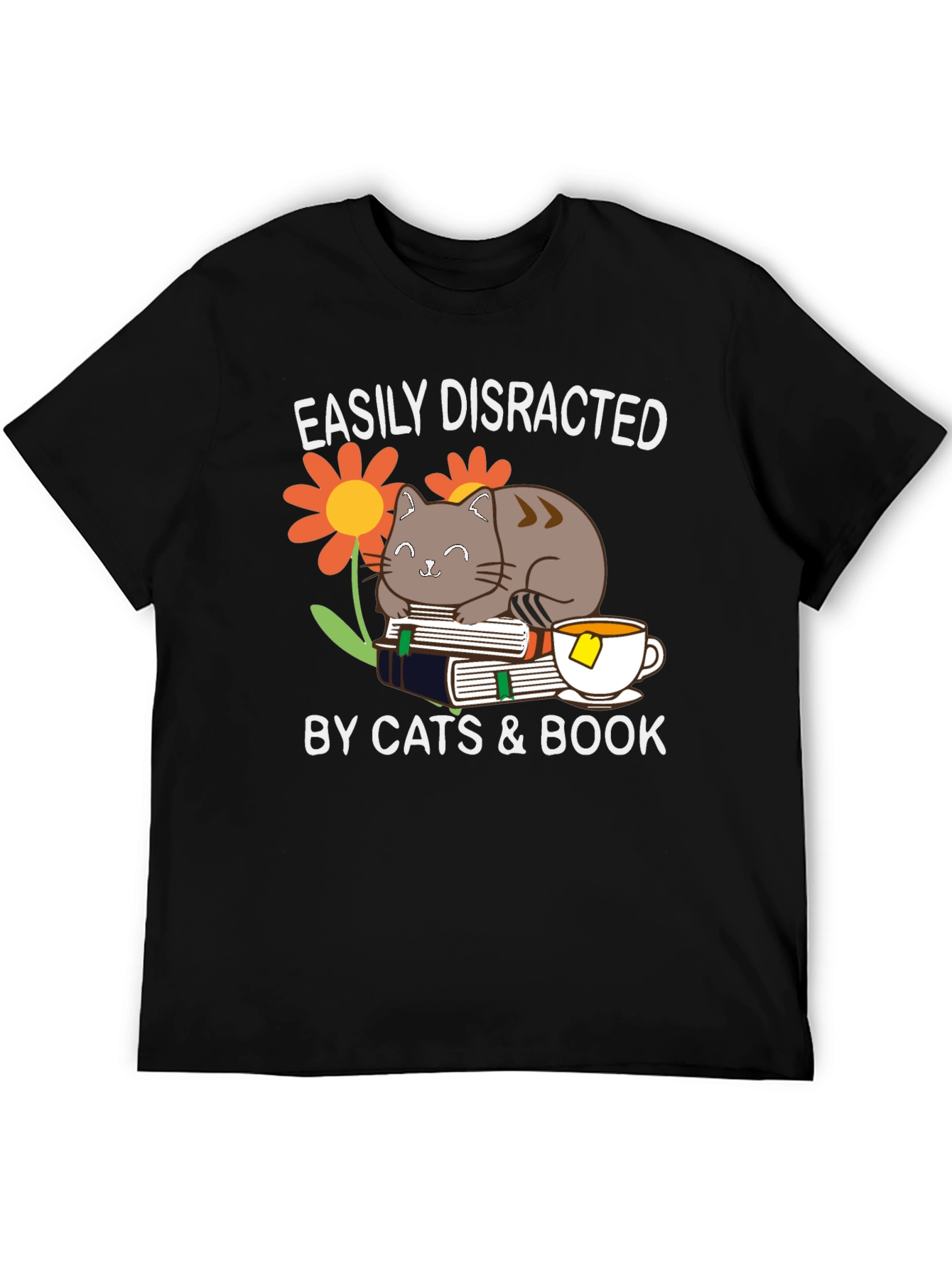Black Easily Distracted By Cats & Books T-Shirt view 5