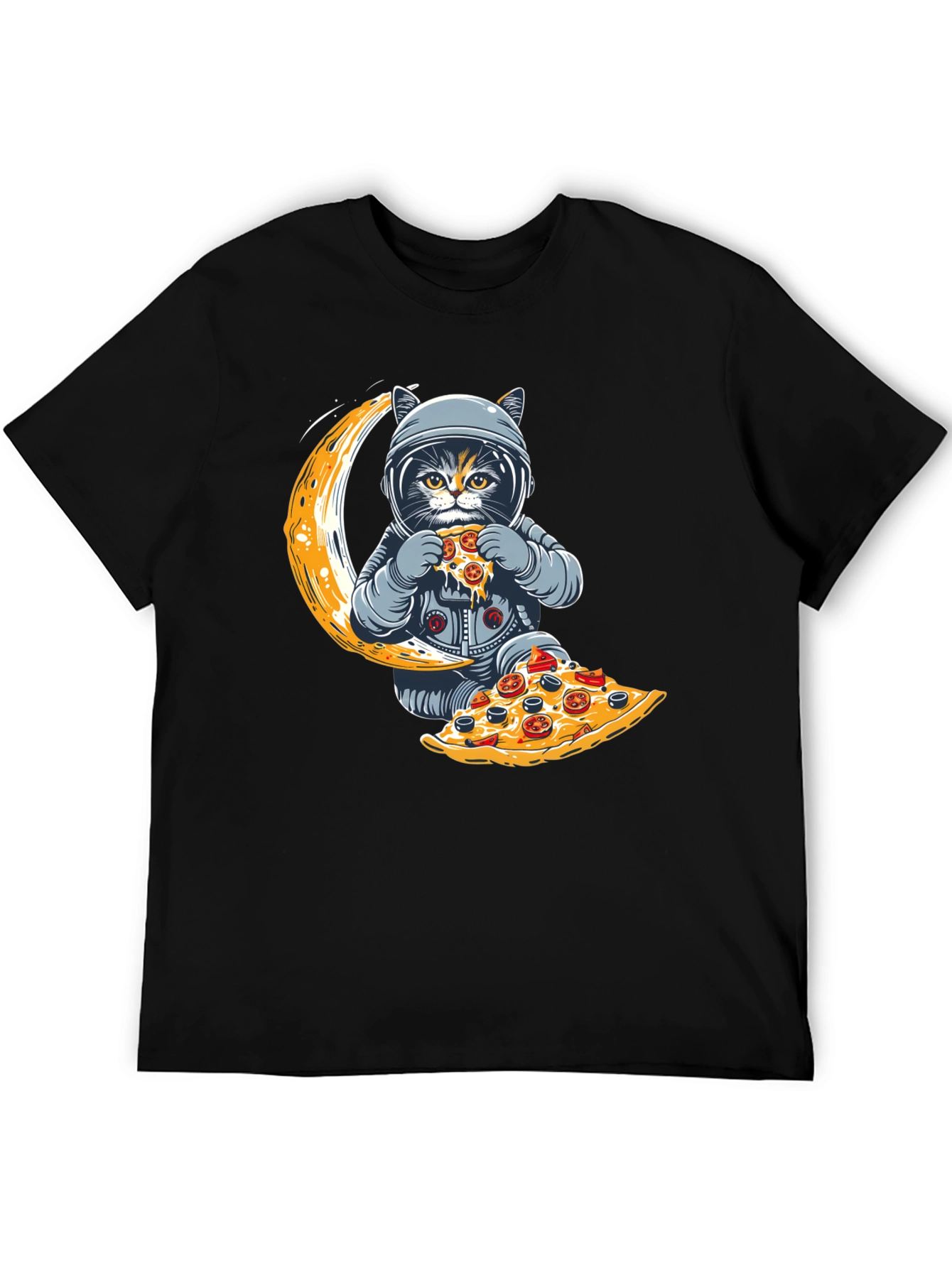 Black Astronaut Cat Pizza Moon T-Shirt view 5