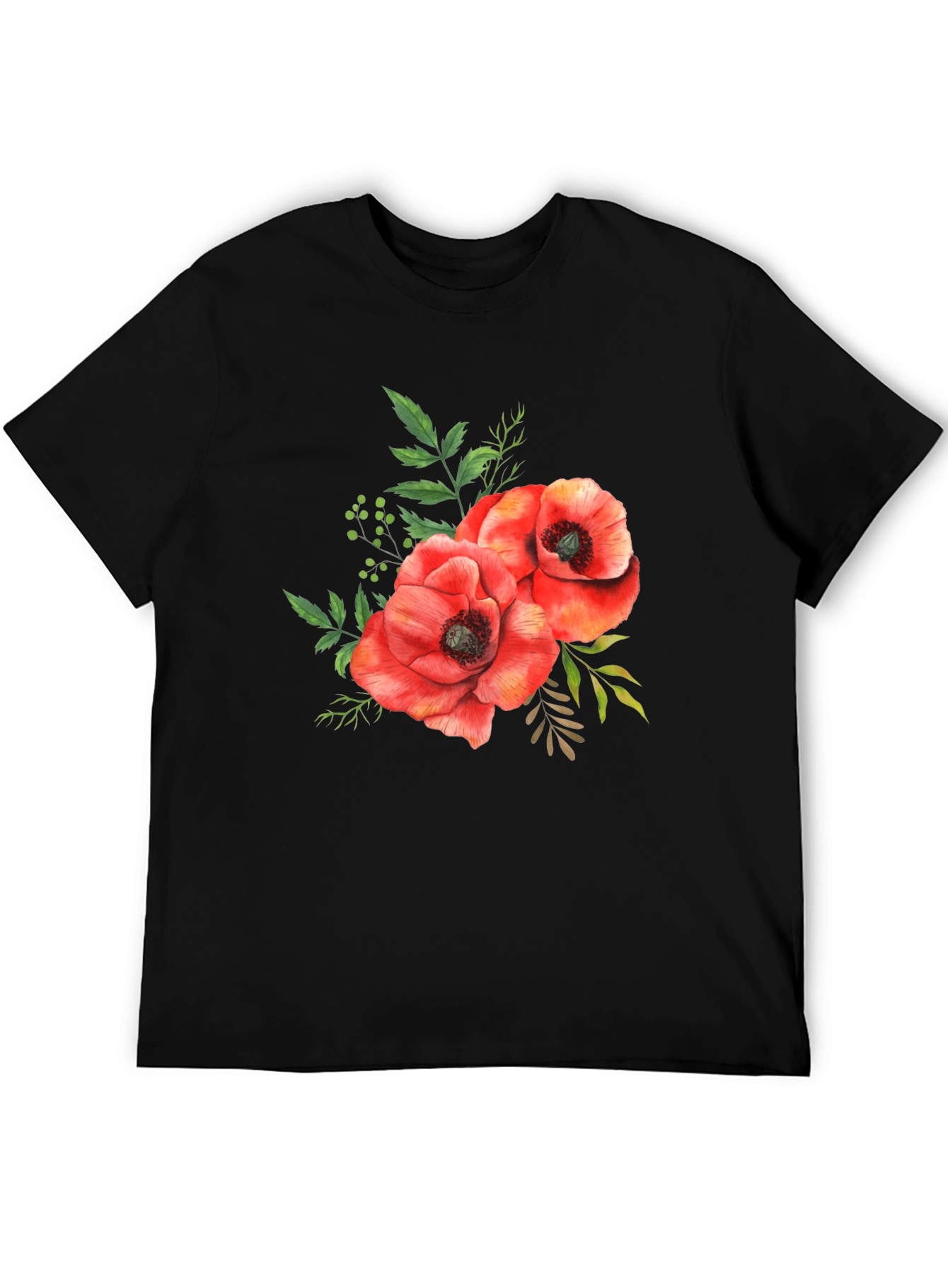 Black Floral Poppy T-Shirt - Black Cotton Tee view 5