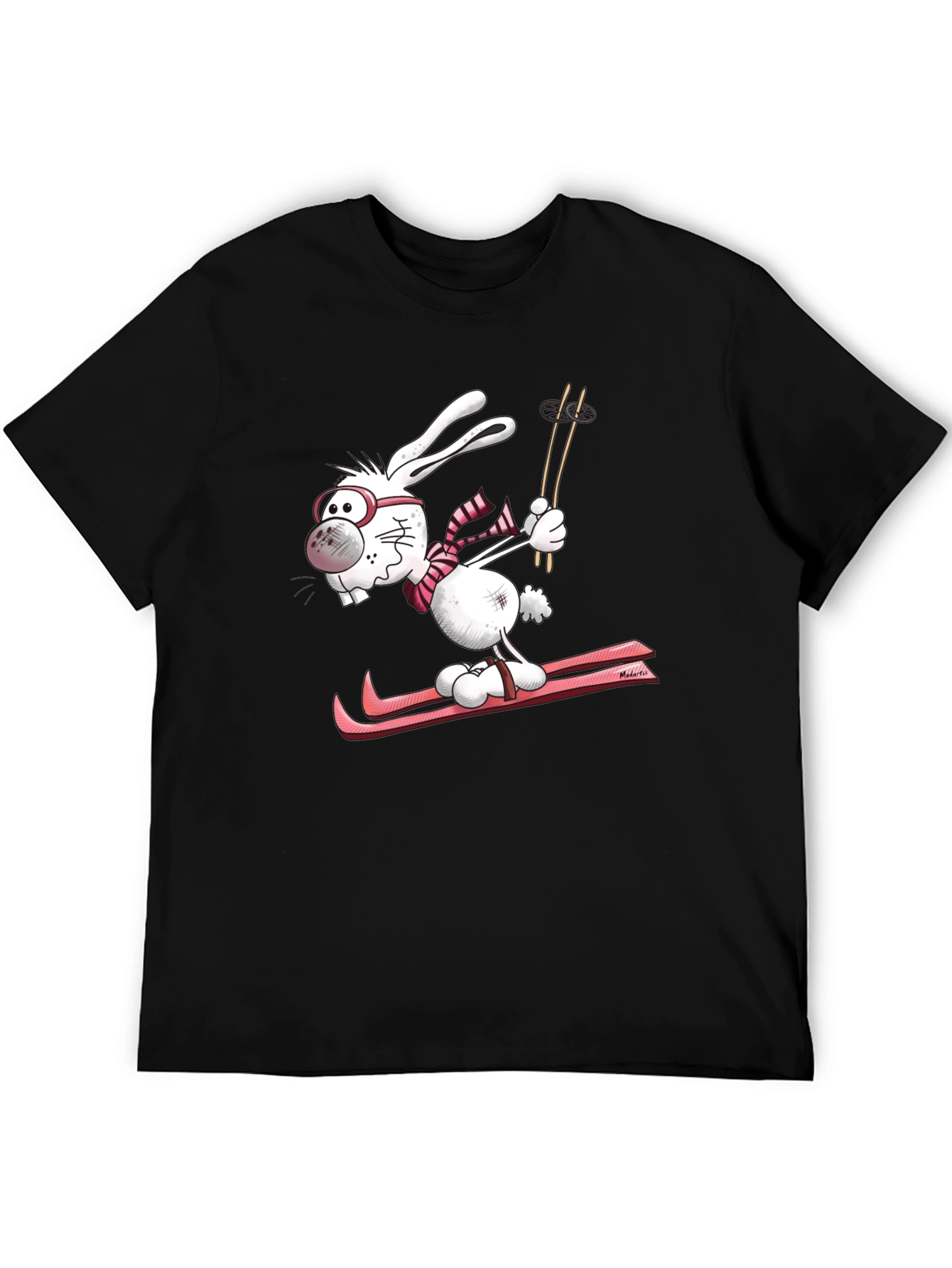 Black Skiing Bunny Graphic Tee - Unisex Black Cotton T-Shirt view 5