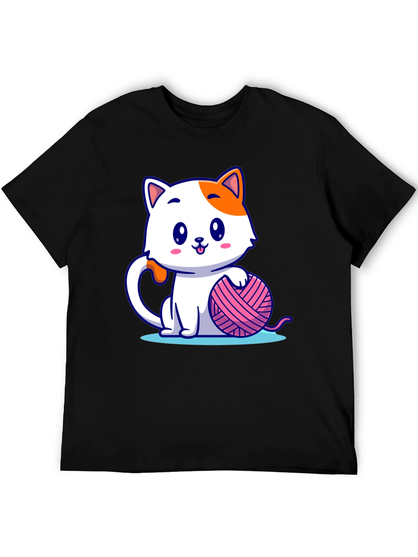 Black Cute Cartoon Cat with Yarn Ball Graphic Tee view 5