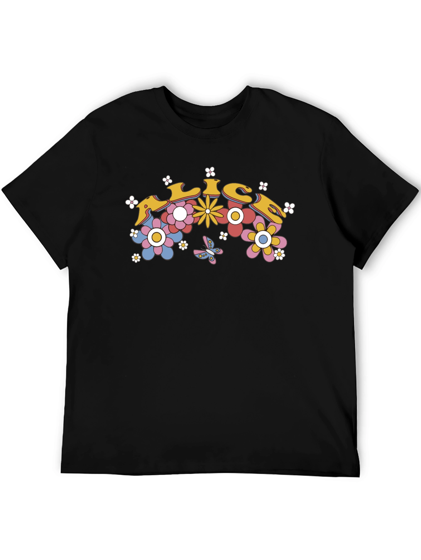 Black Retro Floral Graphic Tee - Black Cotton T-Shirt view 5