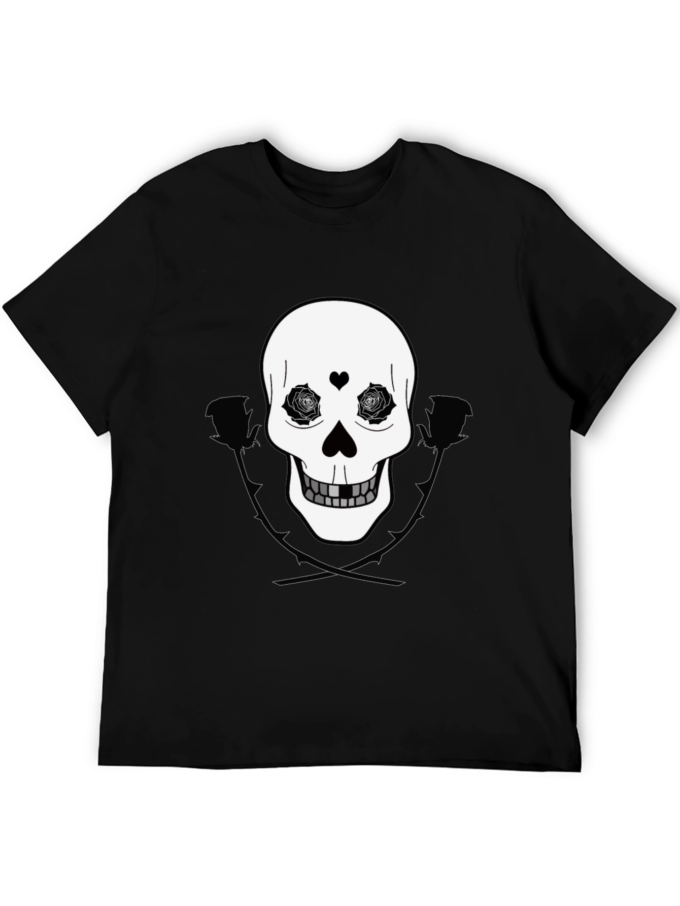 Black Skull & Roses Graphic Tee - Black Cotton Casual Wear view 5