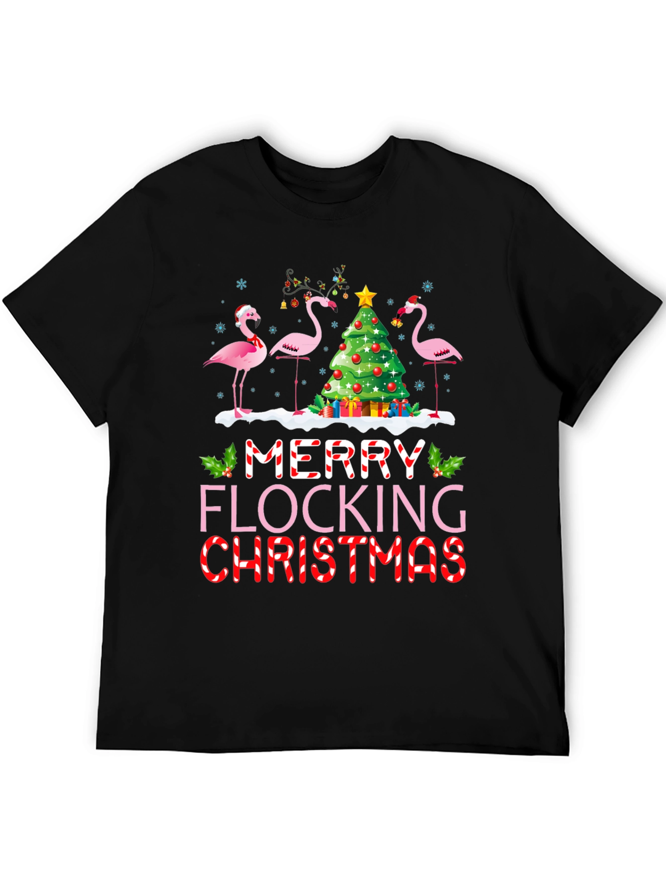 Black Merry Flocking Christmas Flamingo Holiday T-Shirt view 5