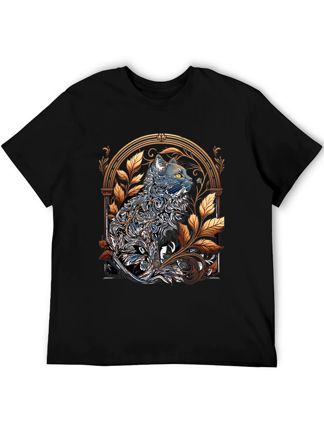 Black Ornate Cat Design Black T-Shirt view 5