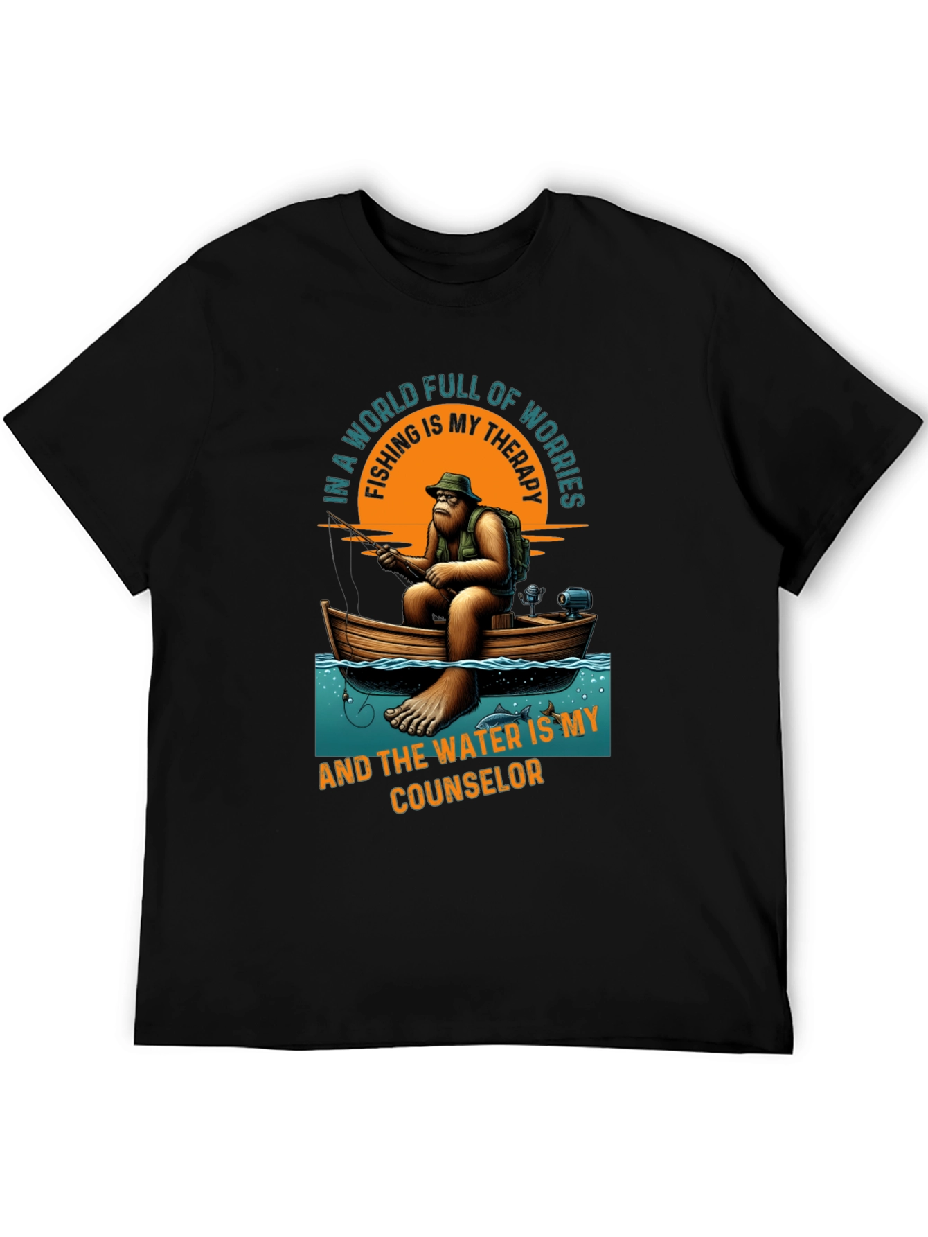 Black Fishing Therapy T-Shirt: Bigfoot Design view 5