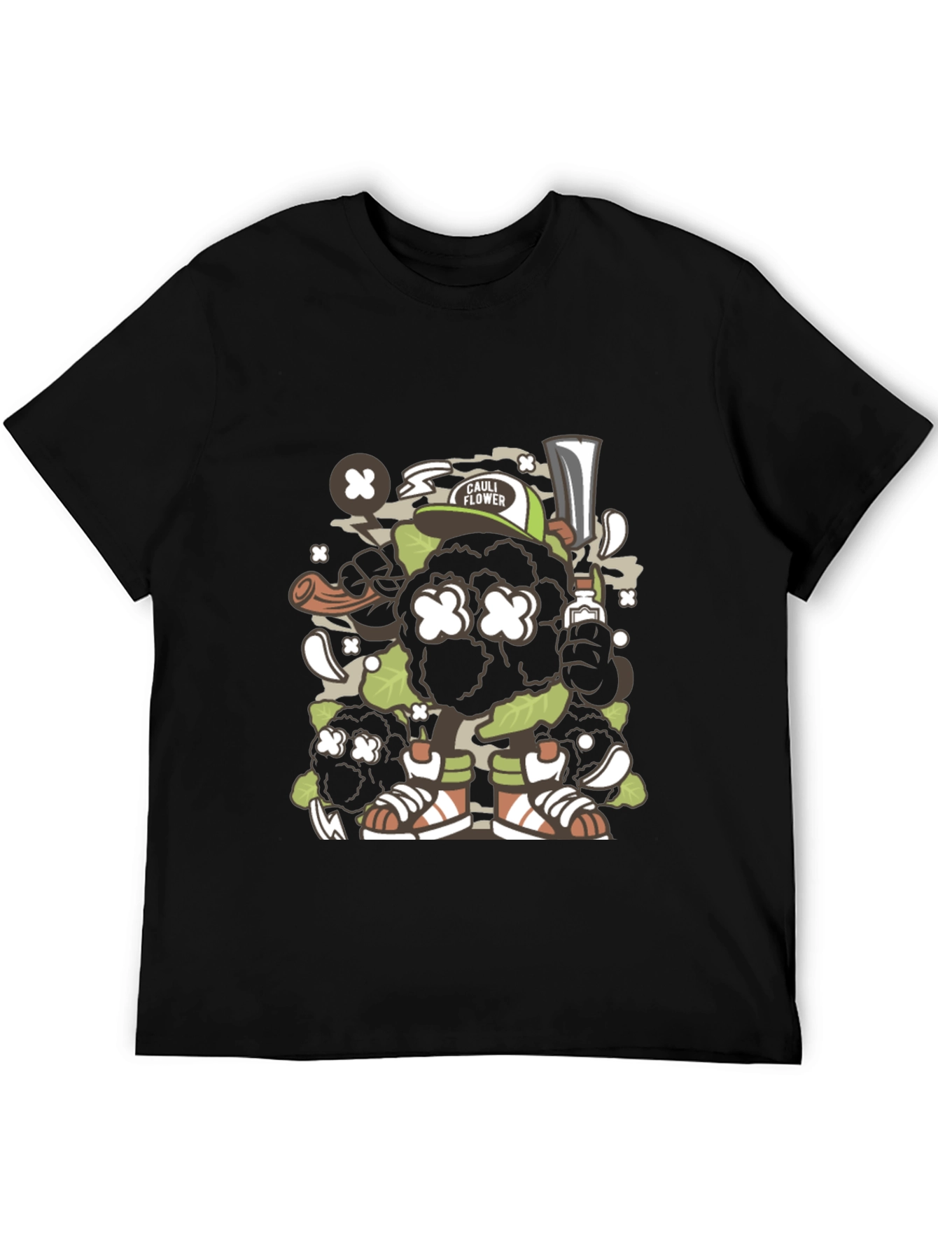 Black Cauliflower Cartoon Graphic Black T-Shirt view 5