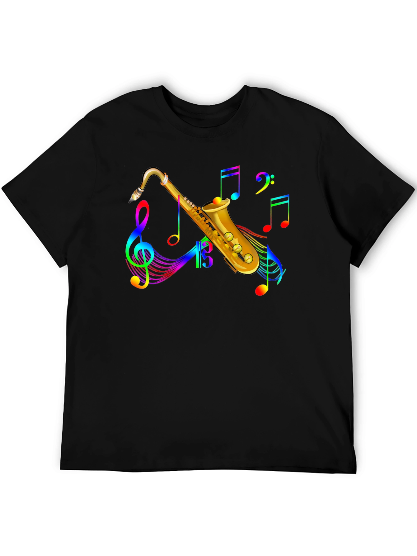 Black Rainbow Saxophone Music Notes Black T-Shirt view 5