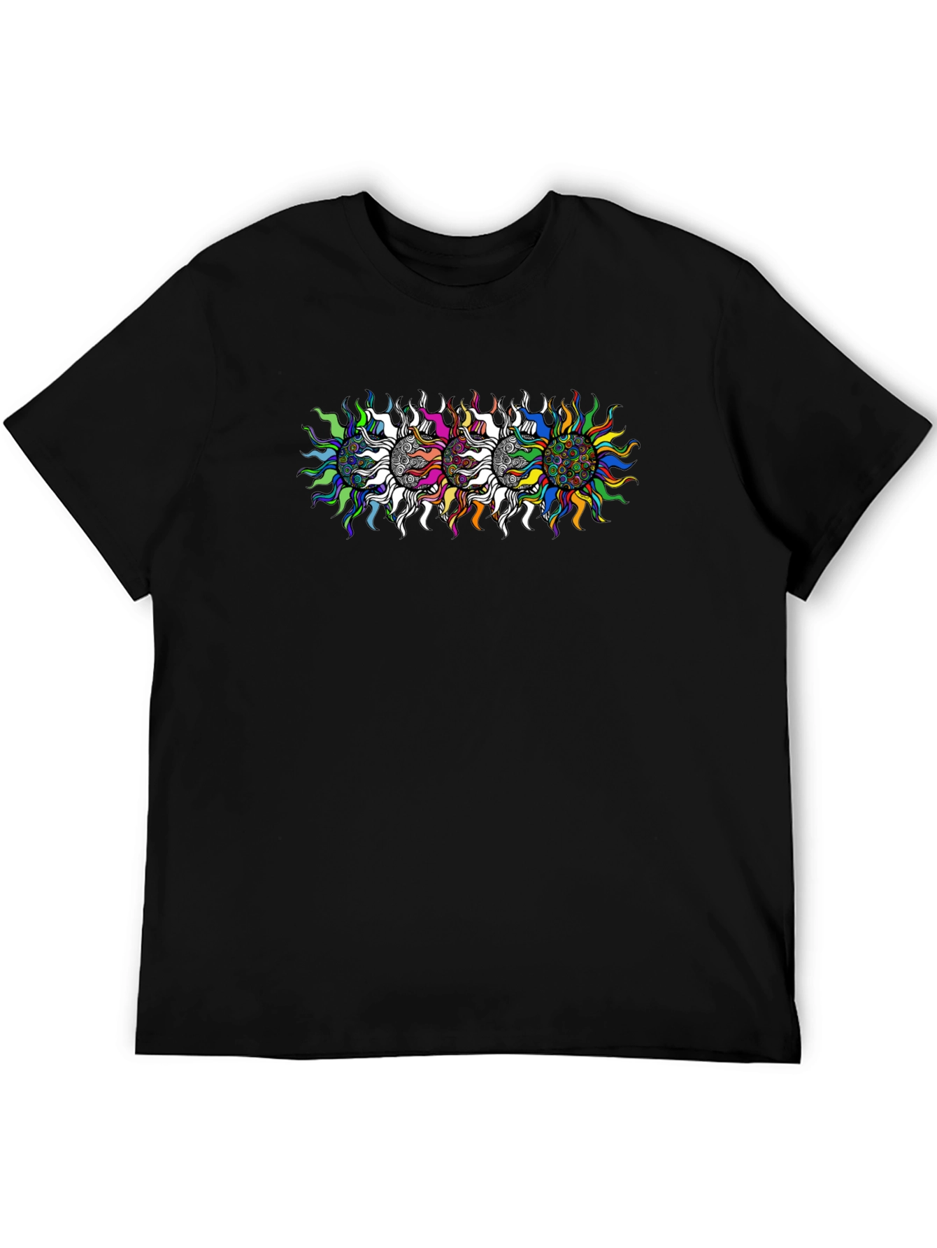 Black Men's Black T-Shirt with Psychedelic Sun Design view 5