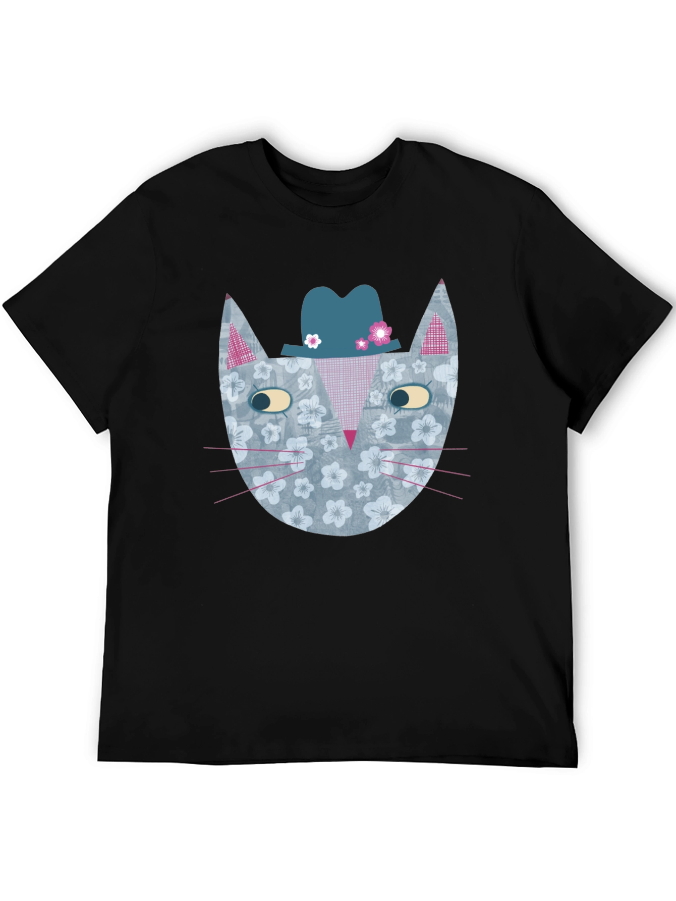 Black Floral Cat with Hat Men's Graphic Tee view 5
