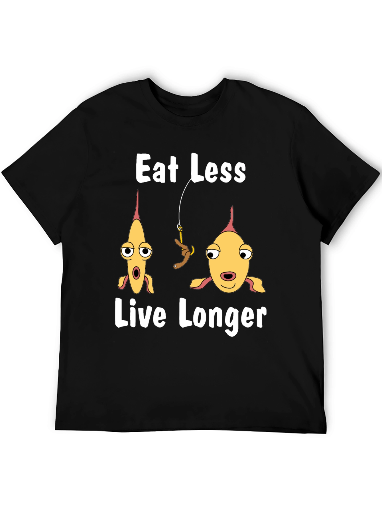 Black Eat Less Live Longer Funny Fish Graphic T-Shirt view 5