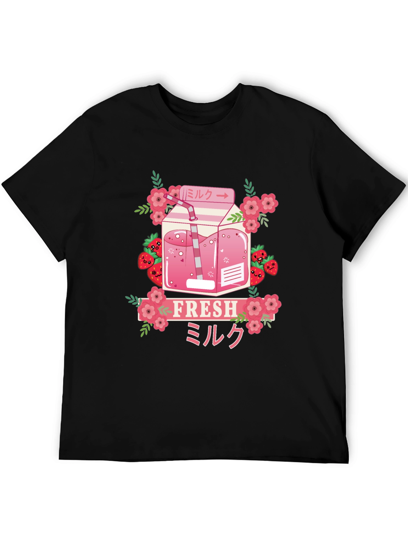 Black Strawberry Milk T-Shirt - Fresh Kawaii Design view 5