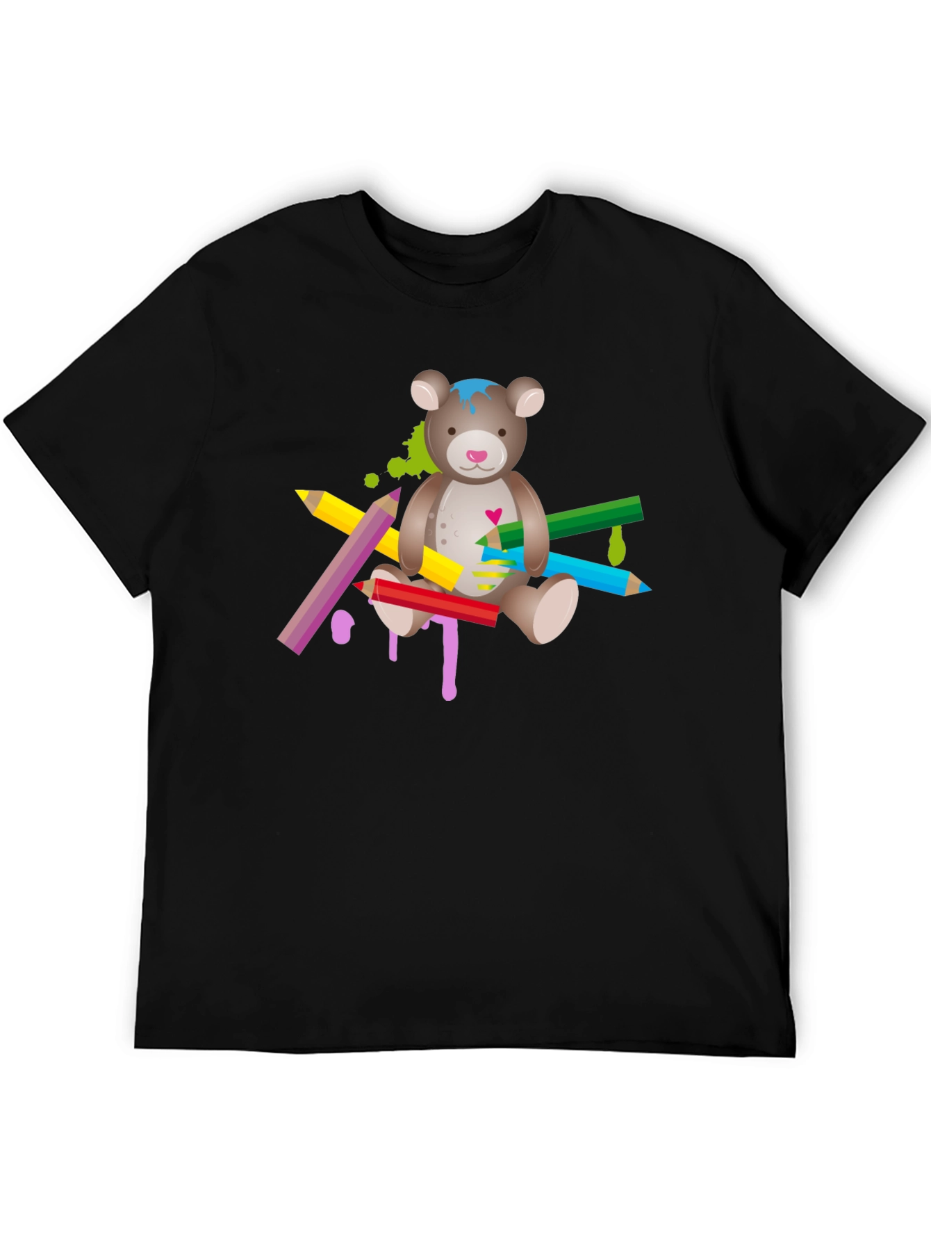 Black Cute Teddy Bear & Colorful Pencils Graphic T-Shirt - Unisex view 5