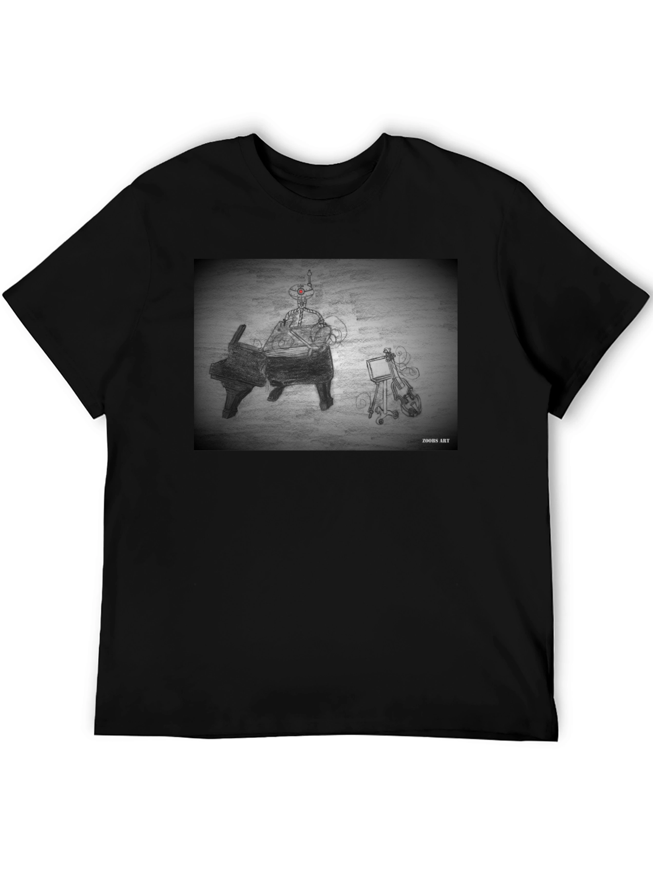 Black Robot Musician Tee - Artistic Black T-Shirt view 5