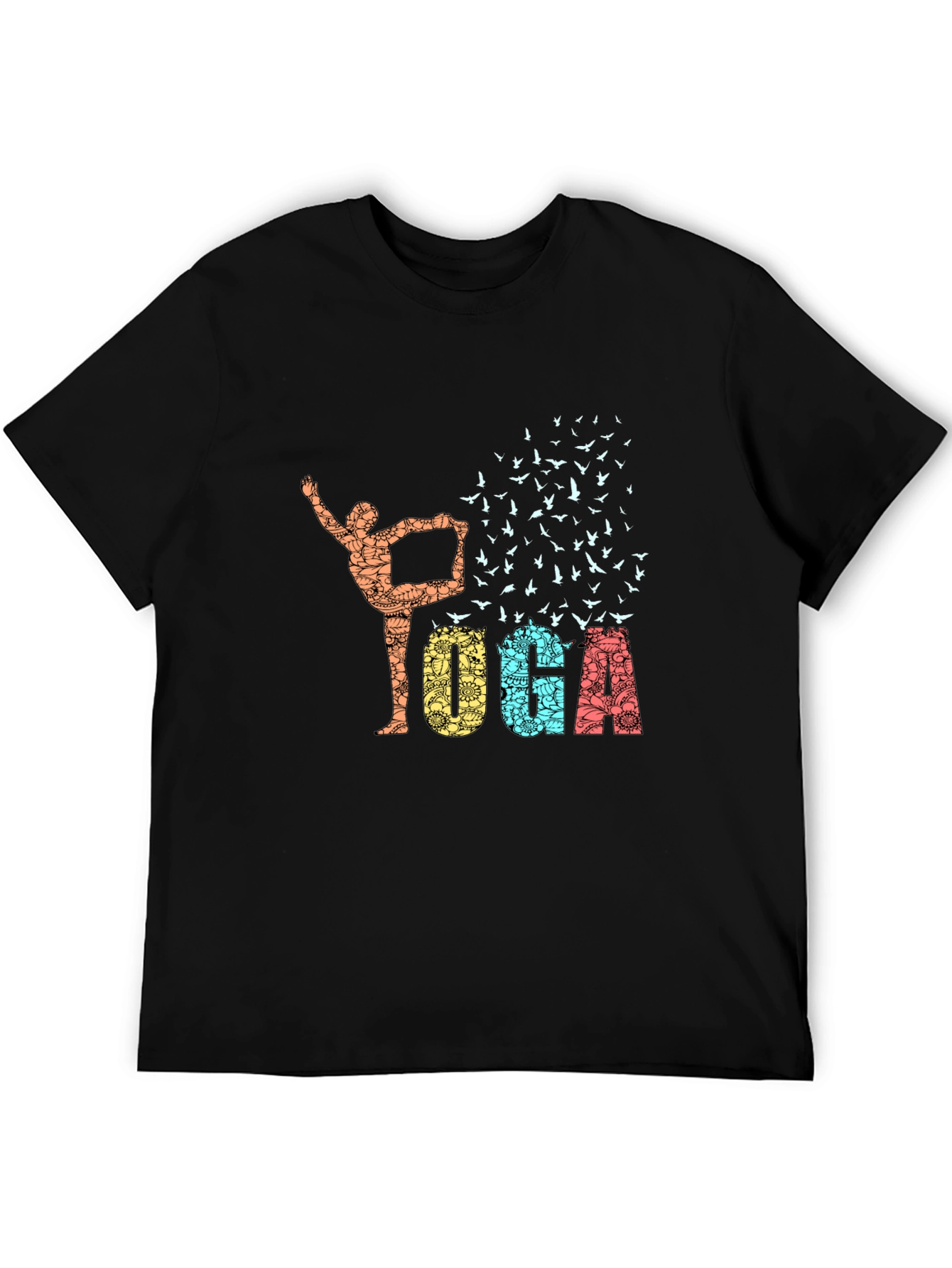 Black Yoga Pose & Birds Graphic Print Black T-Shirt view 5