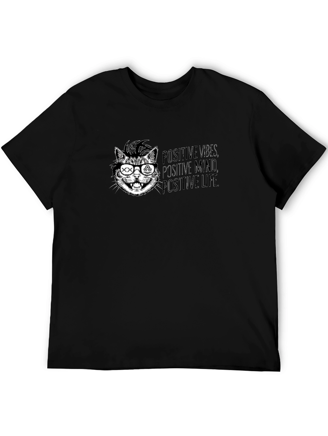 Black Positive Vibes Cat Graphic Tee - Cool Casual Style view 5