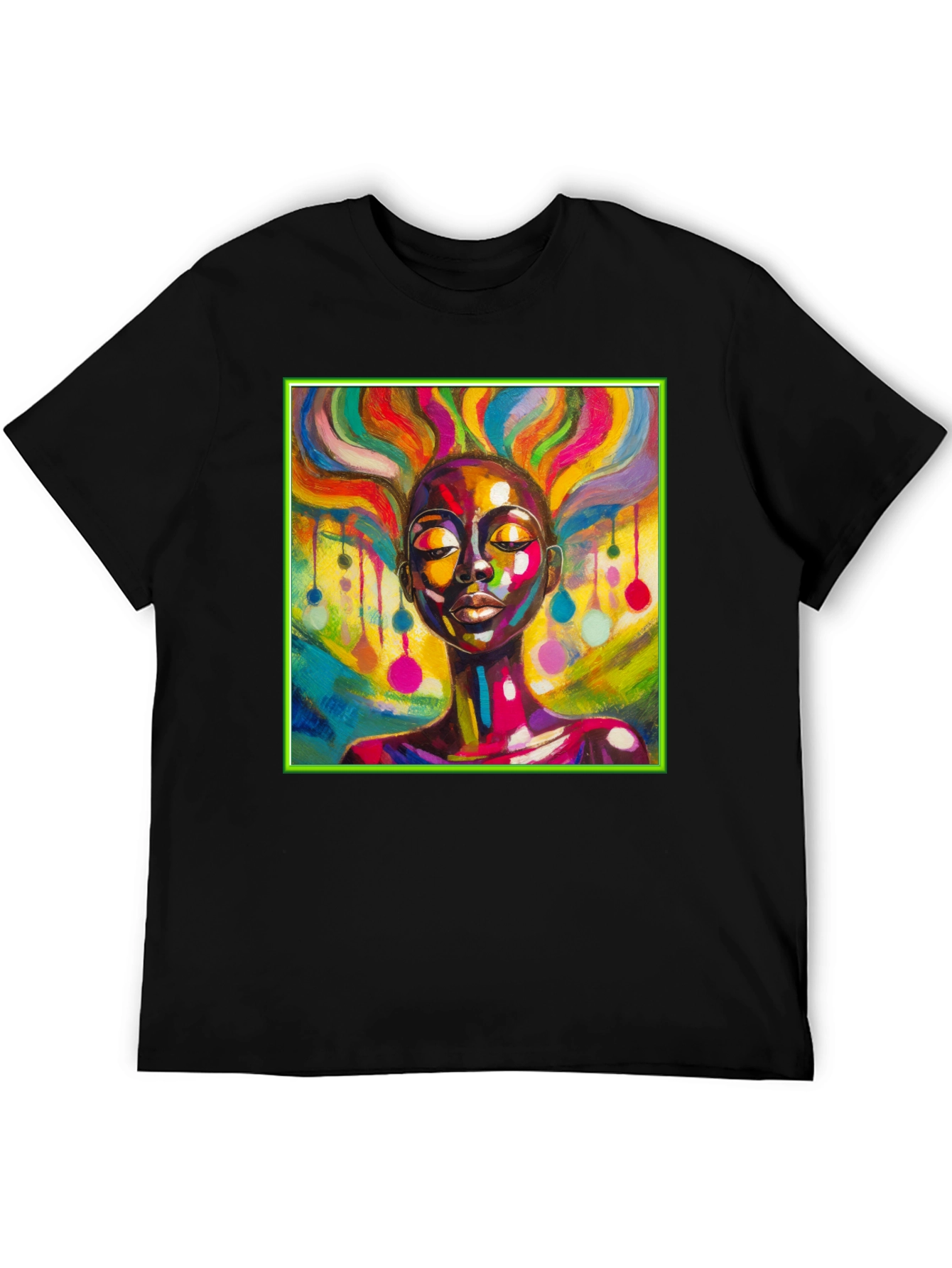 Black Vibrant Art T-Shirt: Colorful Woman Design view 5