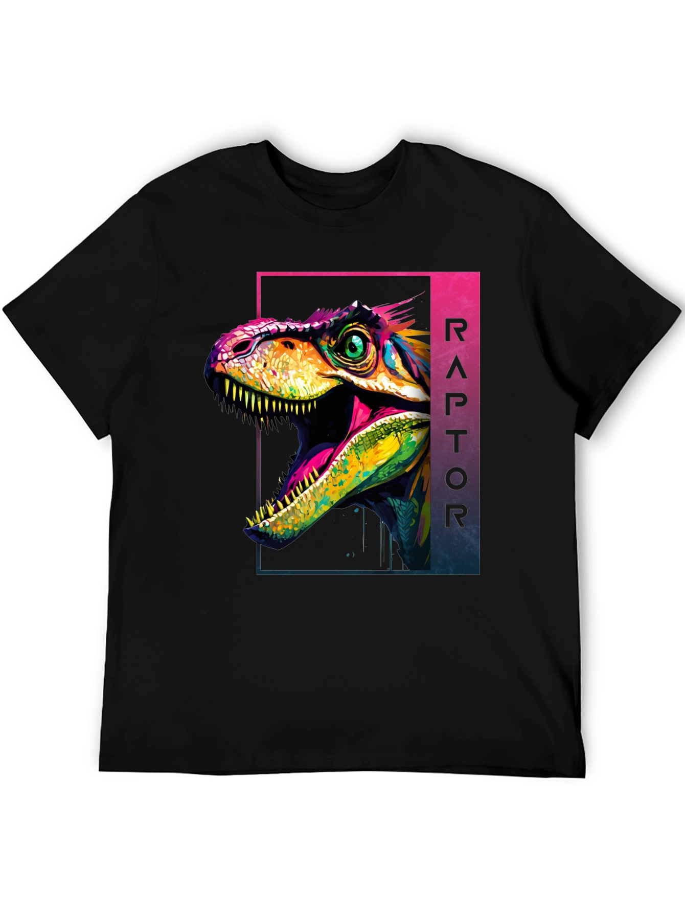 Black Vibrant Raptor Graphic Tee - Bold Dinosaur Design view 5
