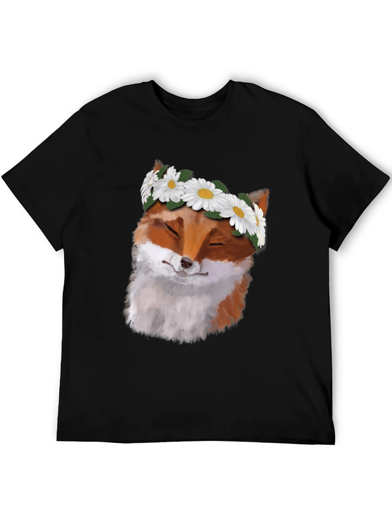 Black Fox with Daisy Crown Black T-Shirt - Unique Graphic Tee view 5