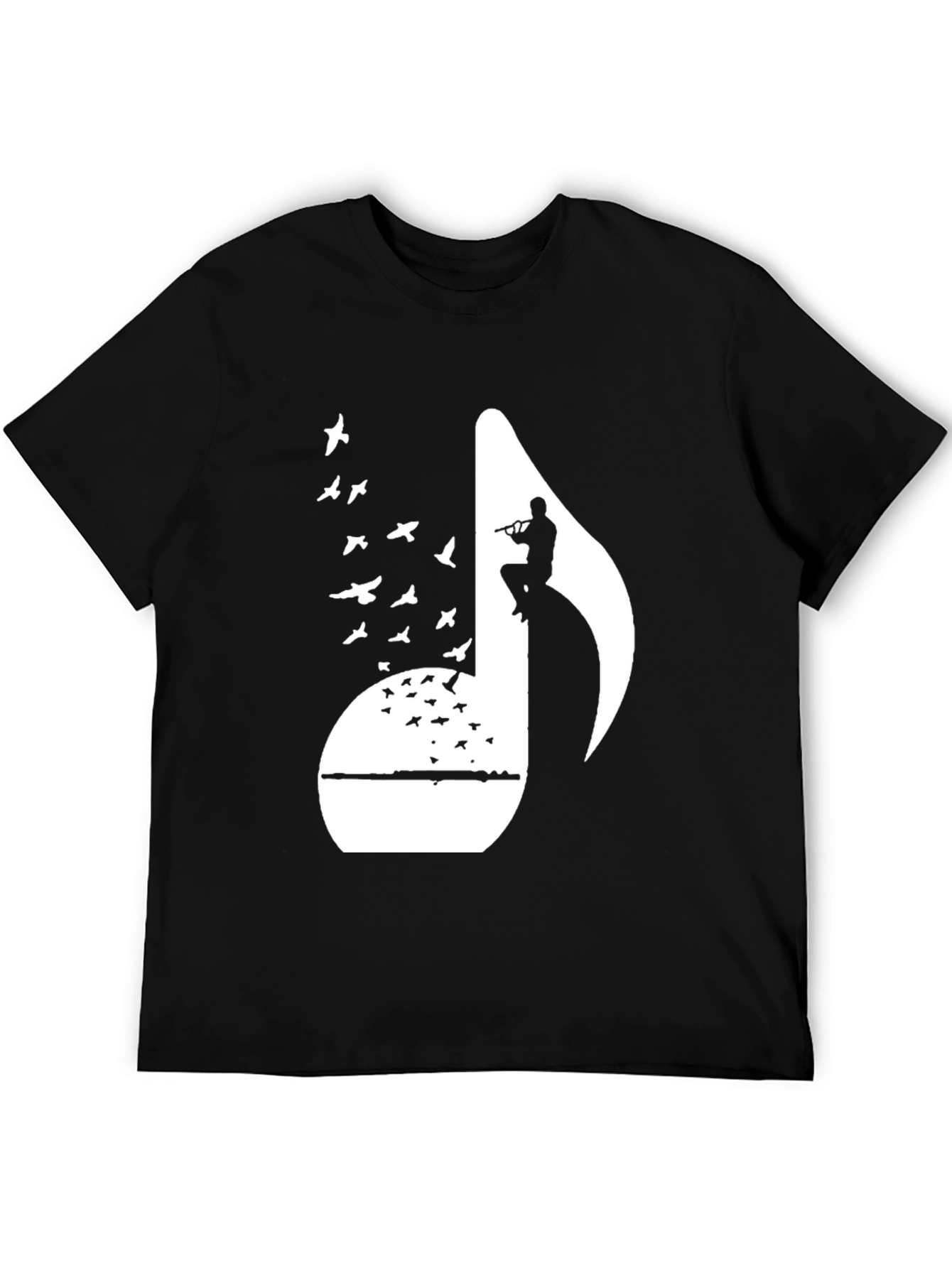 Black Musical Note Flute Player Graphic Tee - Black Cotton T-Shirt view 5