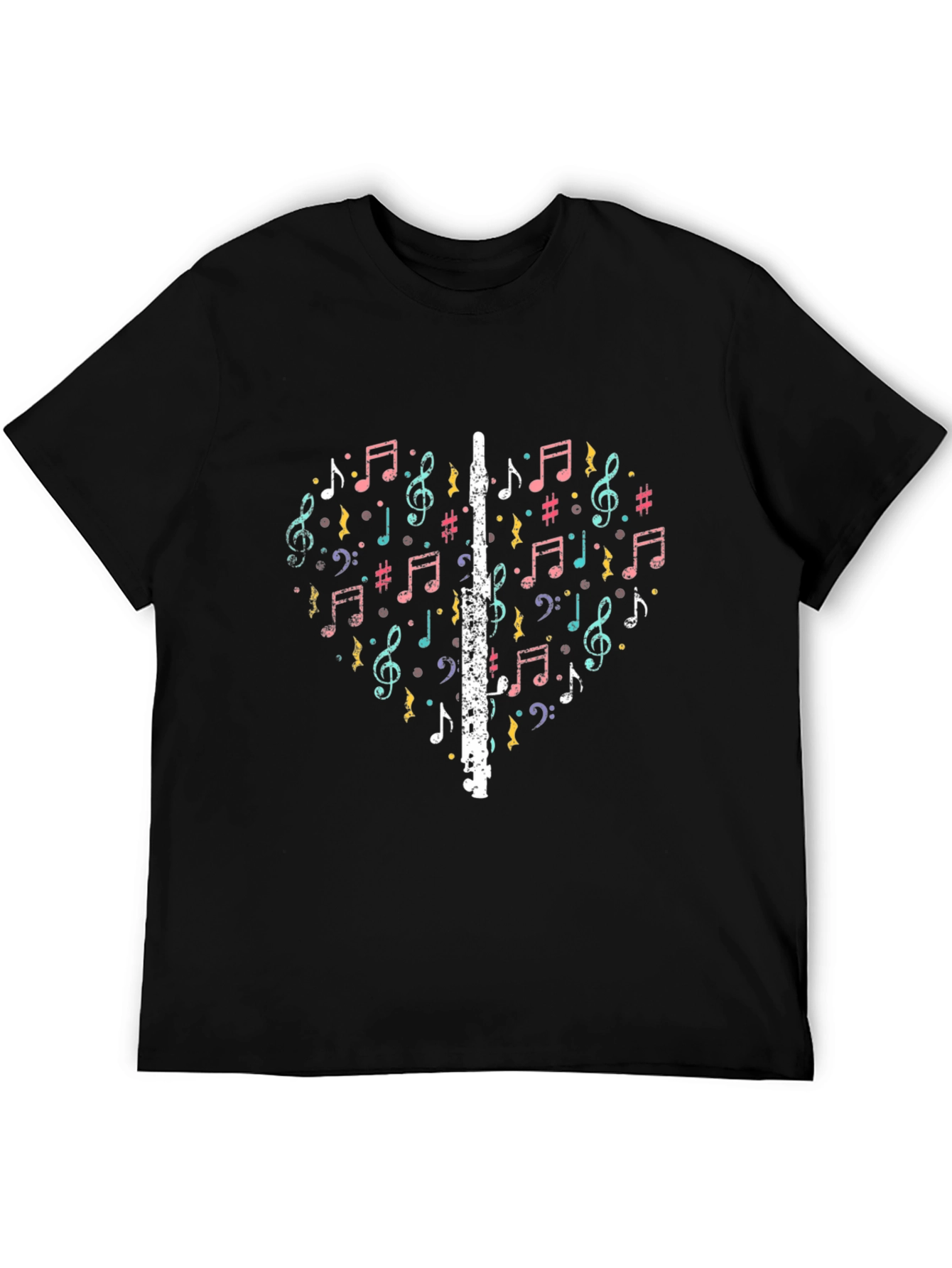 Black Musical Heart T-Shirt - Flute and Notes Design view 5