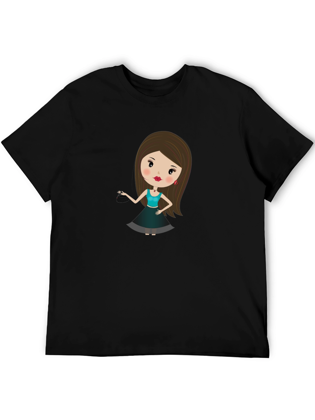 Black Cute Cartoon Girl Print Black T-Shirt view 5