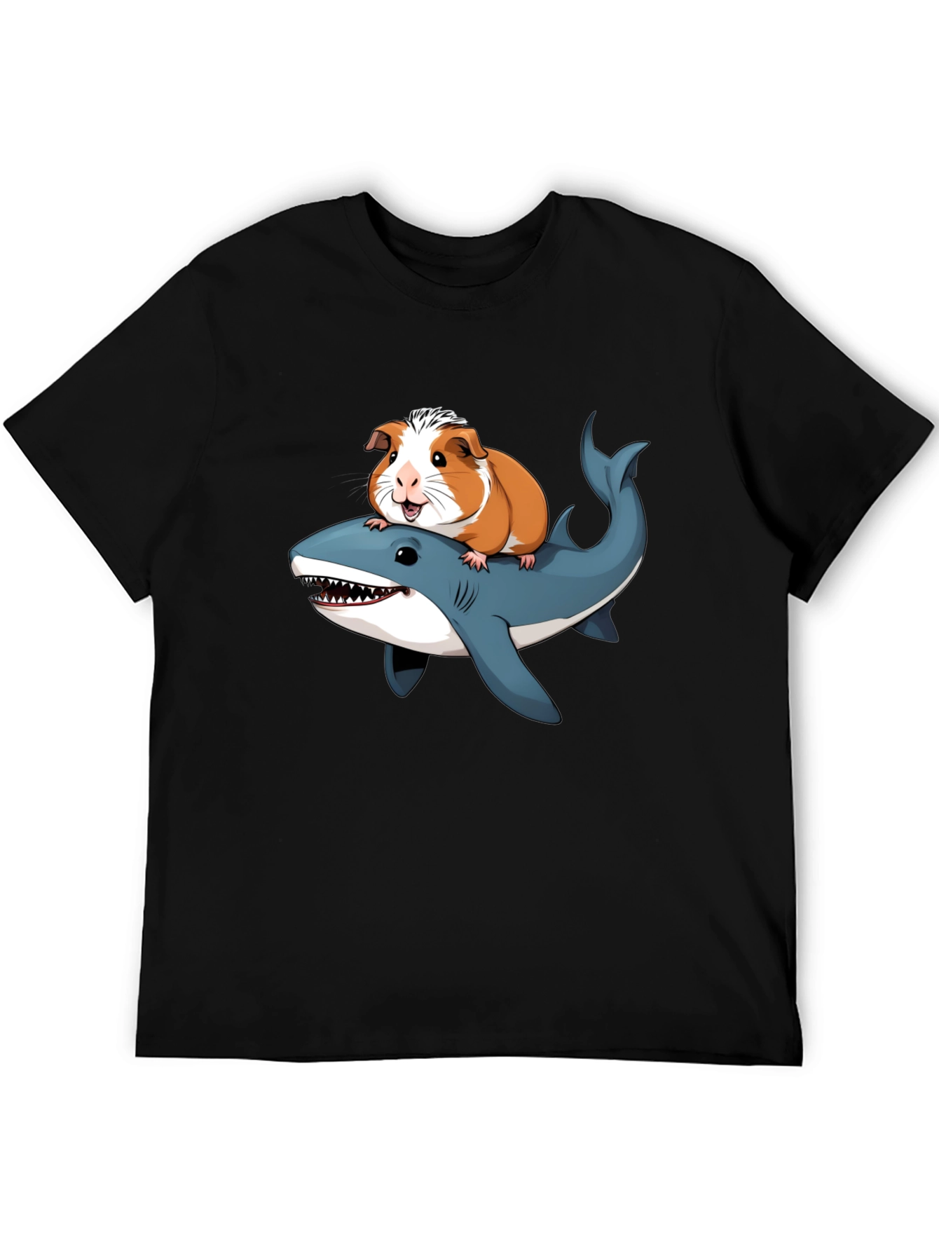 Black Guinea Pig Riding Shark Funny T-Shirt view 5