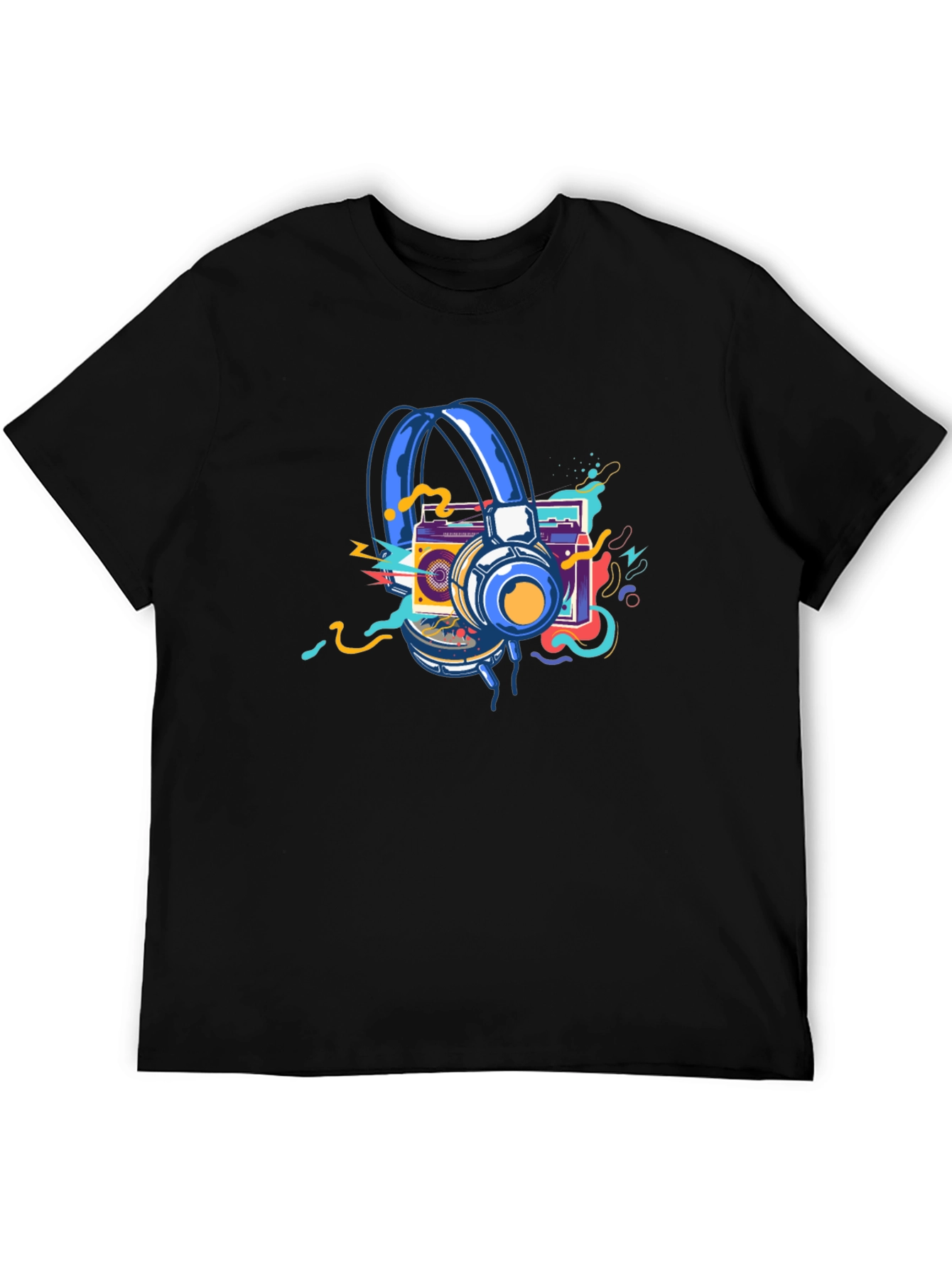 Black Retro Music Graphic T-Shirt: Headphones & Boombox view 5