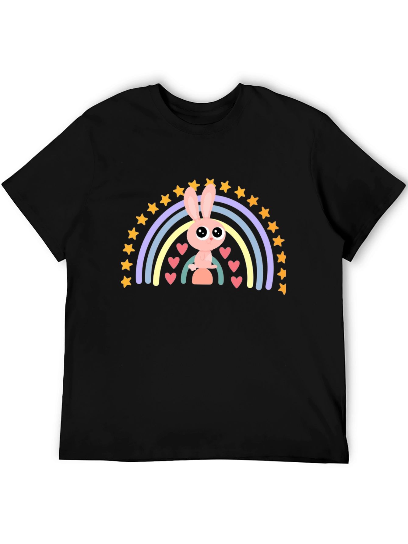Black Cute Bunny Rainbow Graphic Tee - Soft Black Cotton T-Shirt view 5