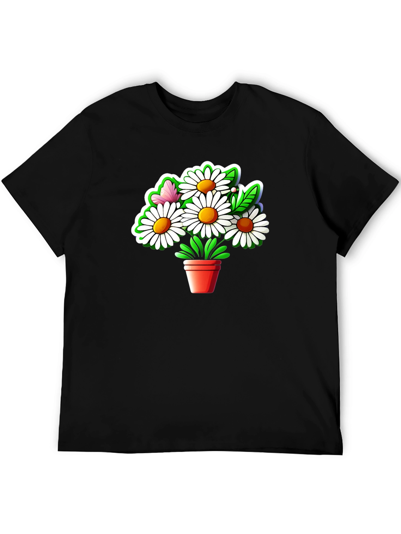 Black Daisy Flower Pot Graphic Tee - Black Cotton Casual T-Shirt view 5