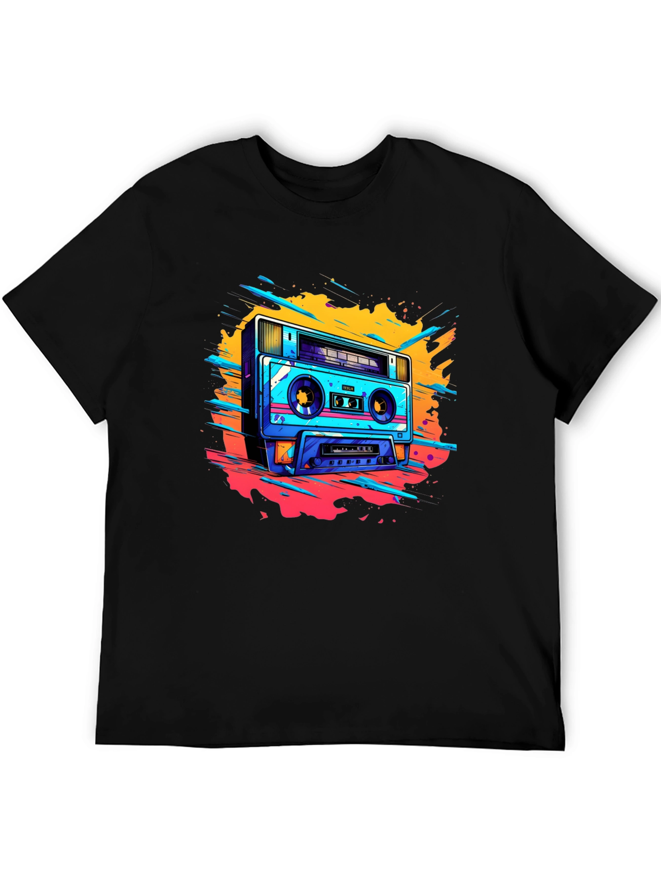 Black Retro Boombox Graphic Tee - Black Cotton T-Shirt view 5