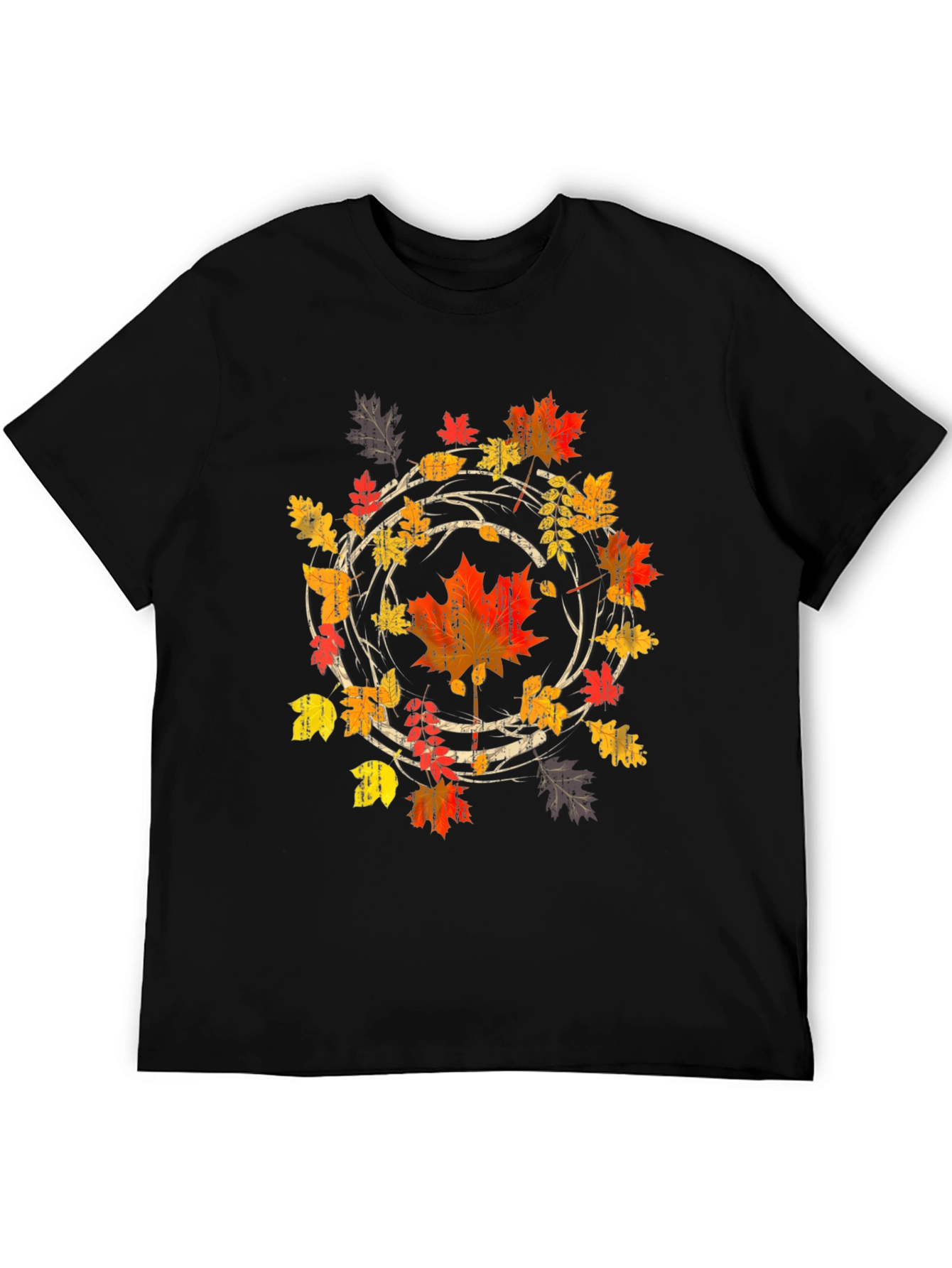 Black Autumn Leaf Circle Graphic Tee - Black Cotton Shirt view 5