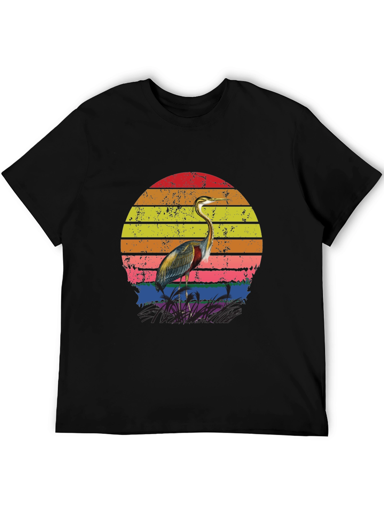 Black Retro Heron Sunset Graphic Tee - Black Cotton Blend view 5