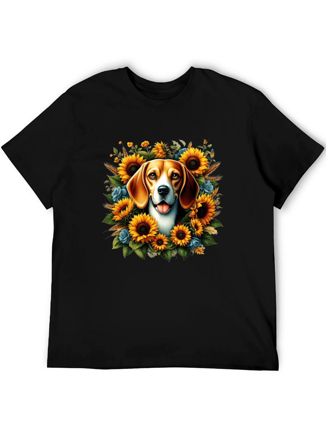 Black Dog Surrounded by Sunflowers Black T-Shirt view 5