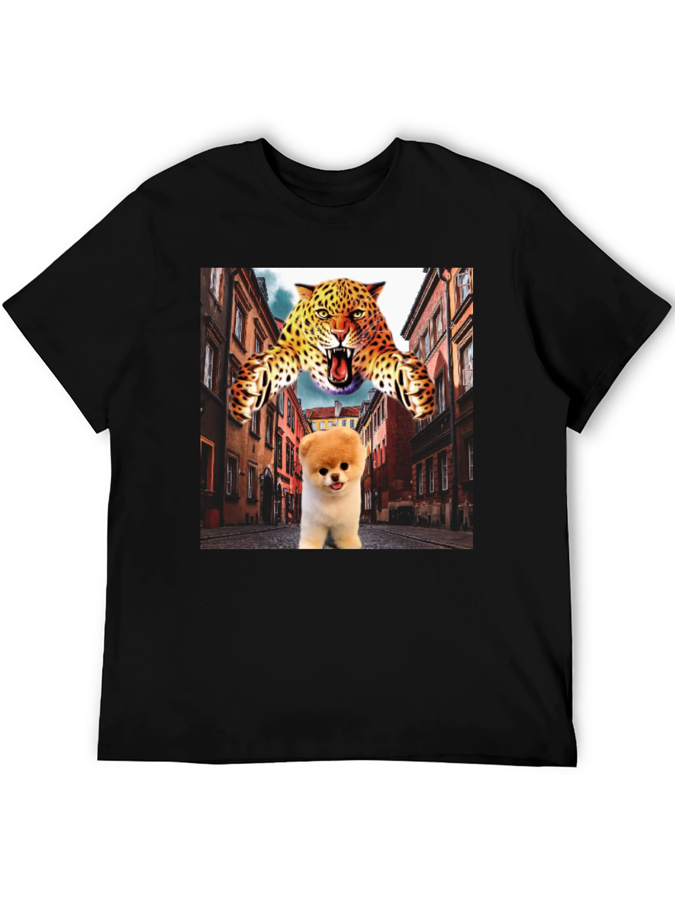 Black Novelty Graphic T-Shirt: Leopard and Pomeranian Design view 5