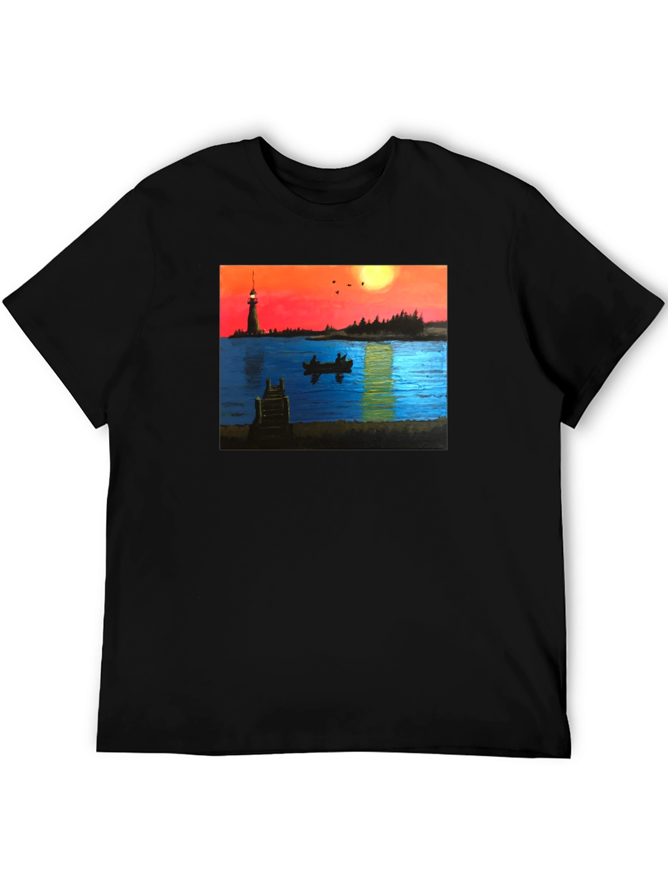 Black Sunset Lake Lighthouse Graphic Tee view 5