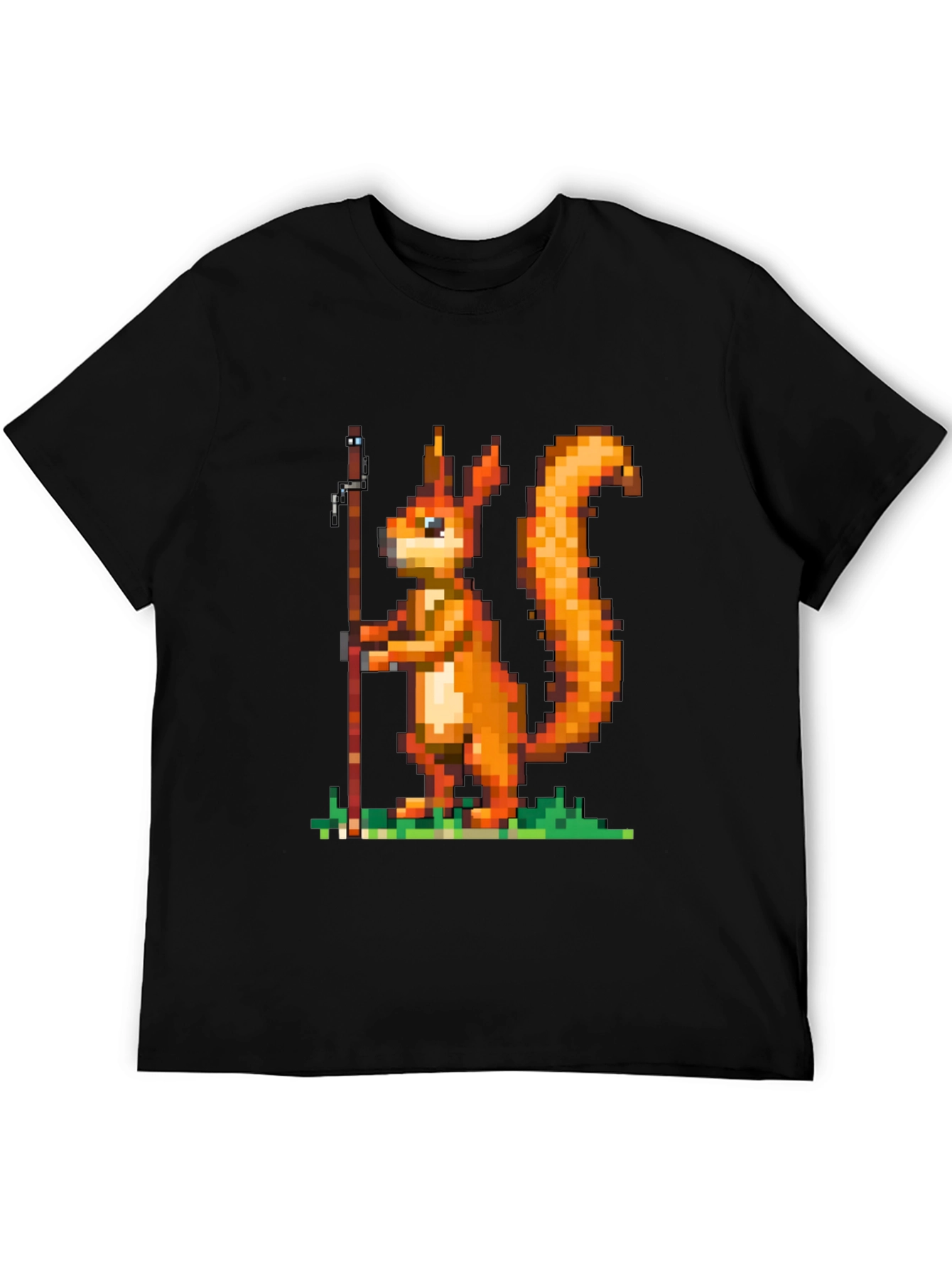 Black Pixel Squirrel Fishing T-Shirt - Black Cotton Tee view 5