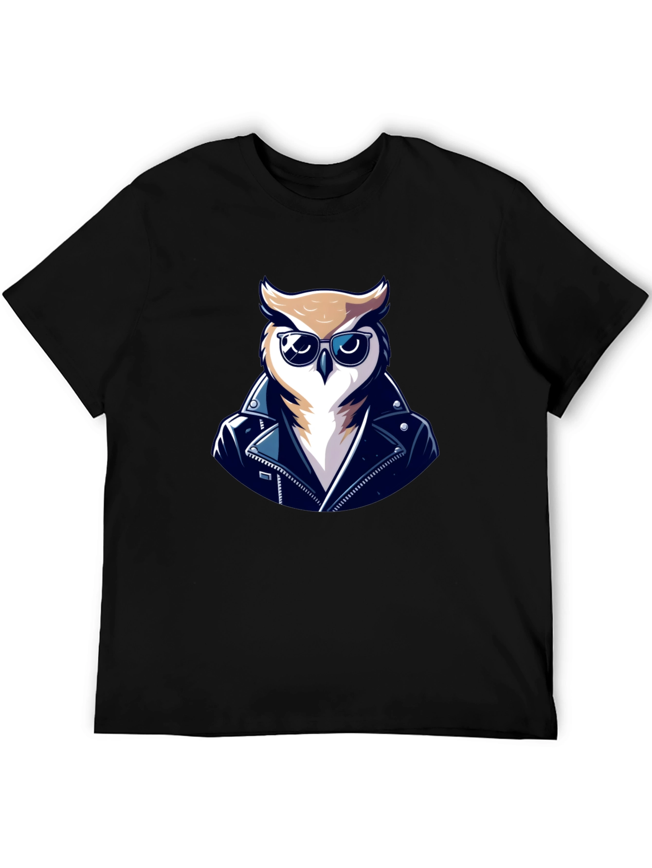 Black Cool Owl Biker T-Shirt - Black Cotton Tee view 5