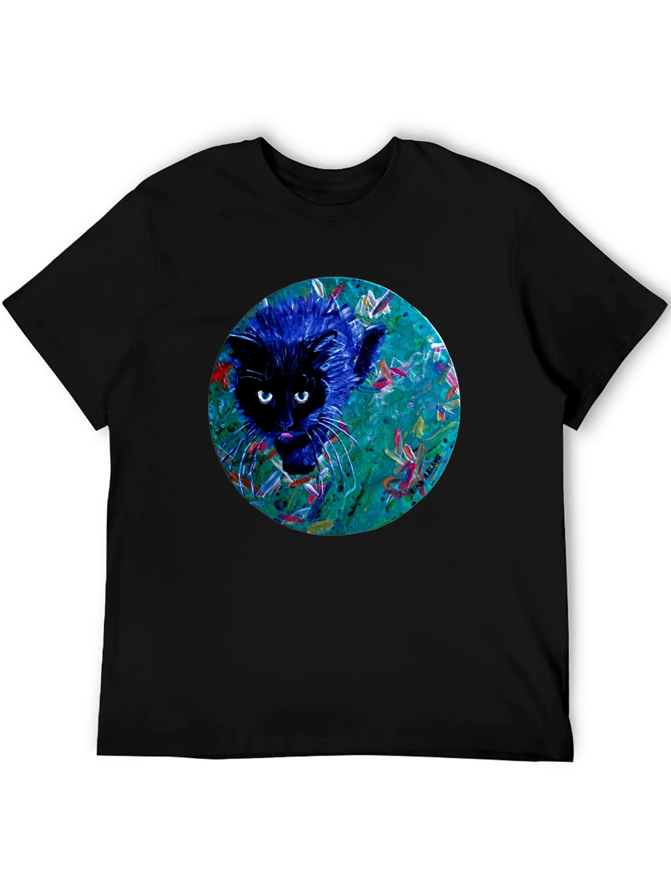 Black Abstract Cat Graphic Tee - Black Cotton T-Shirt view 5