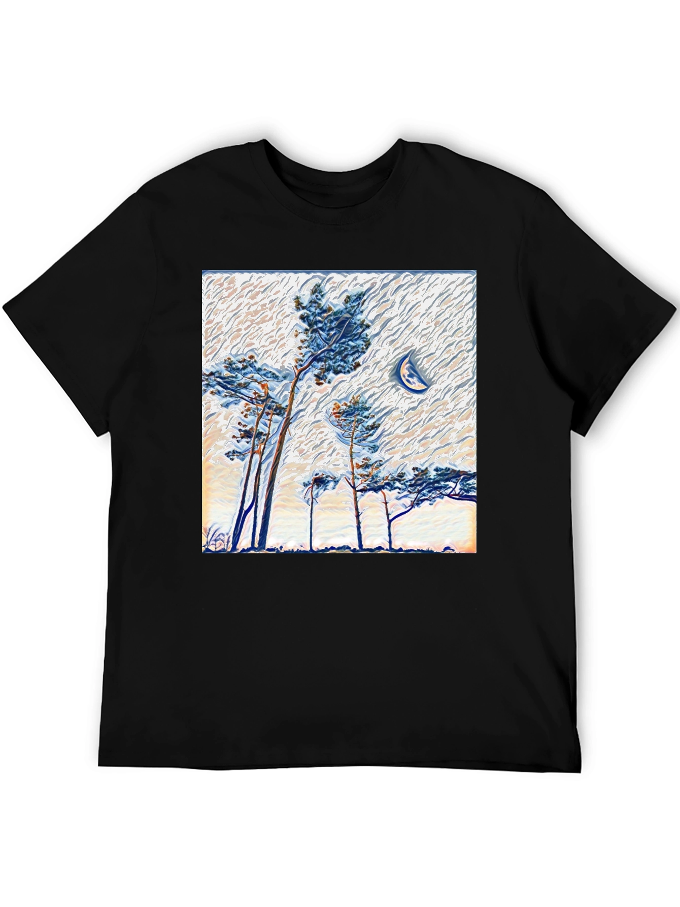 Black Artistic Trees and Moon Graphic Tee view 5